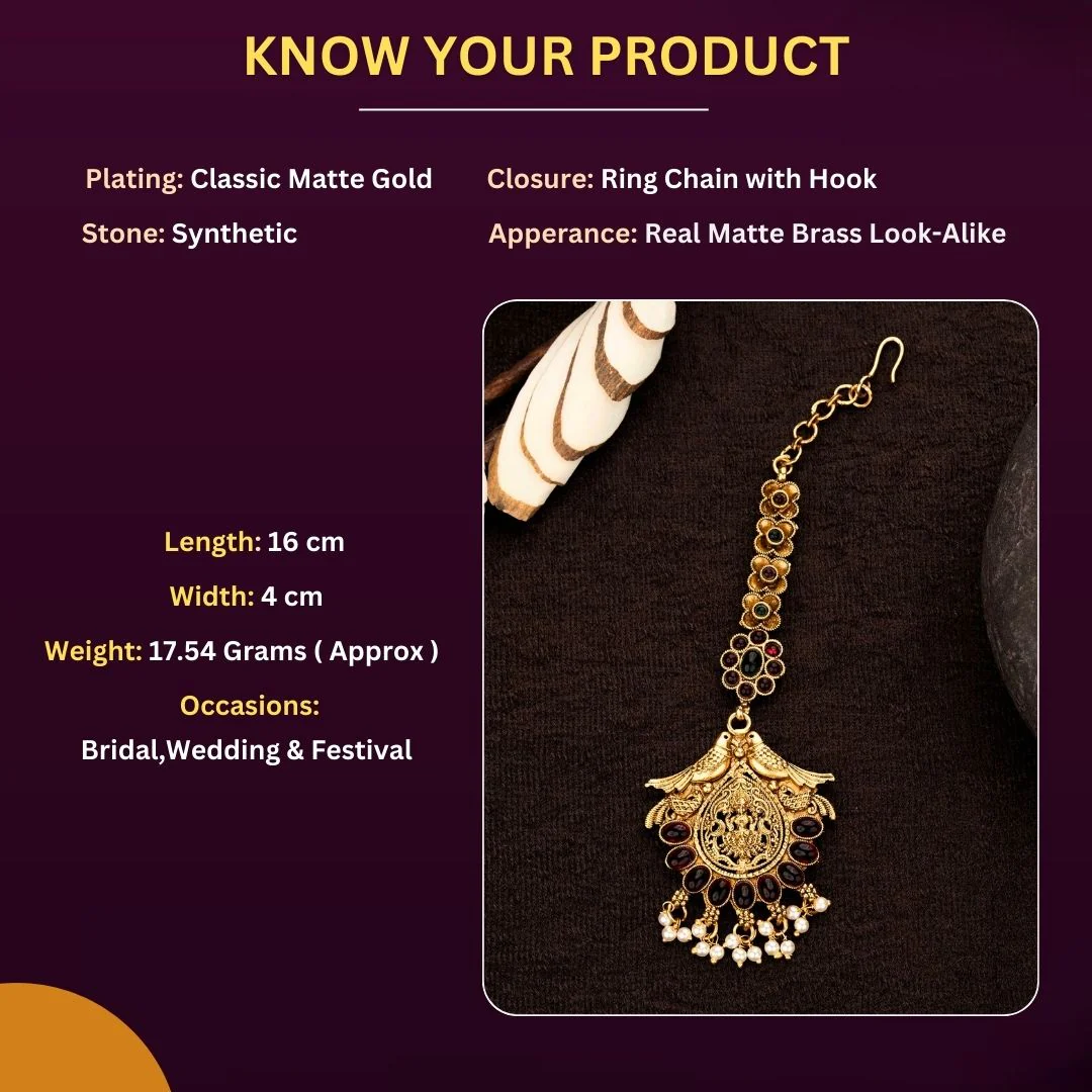 Elegant Temple Matte Gold Plated Double Bird Motif Maang Tikka with Pearl Hangings - Sasitrends - Image 3