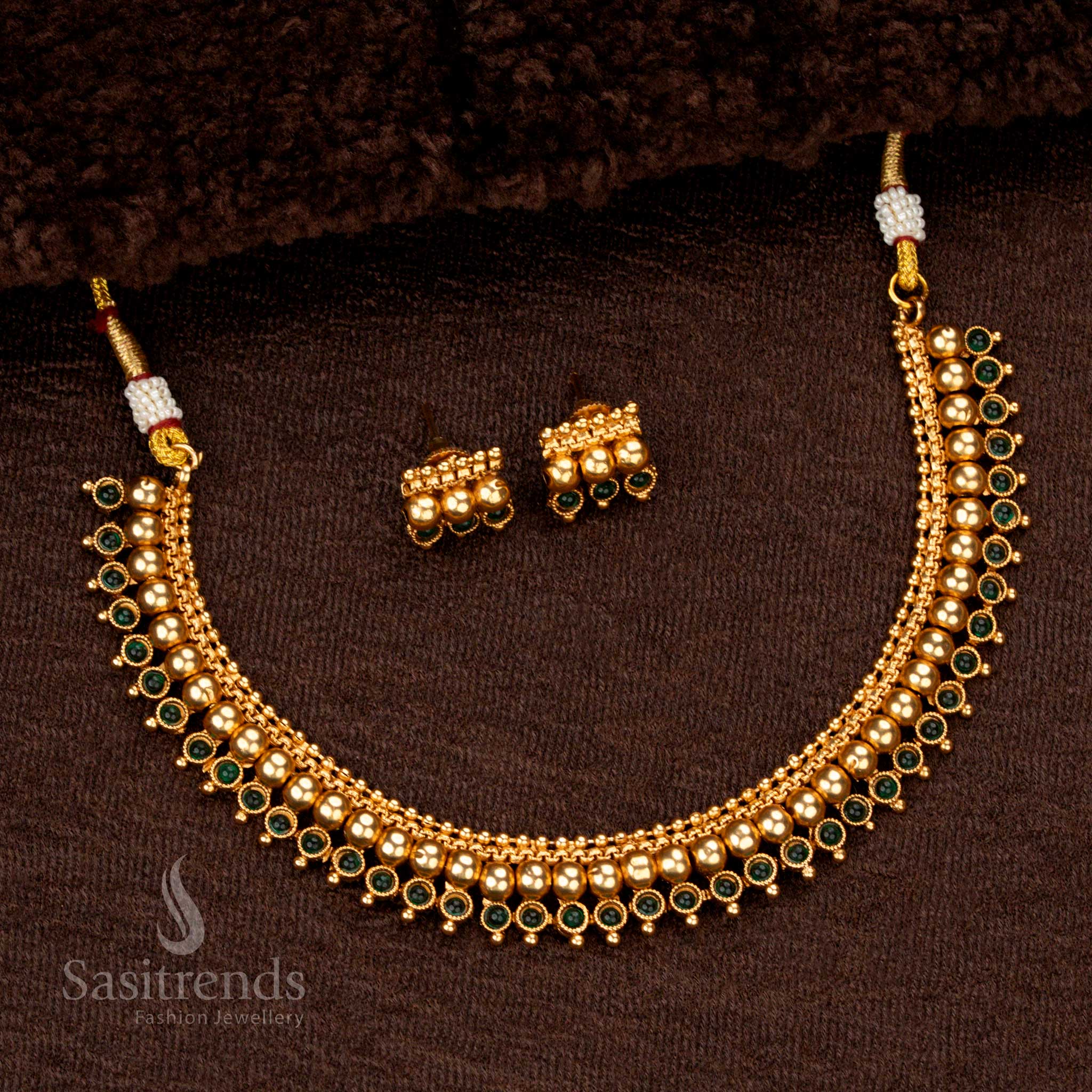 Classic Temple Matte Gold-Plated Necklace Jewellery Set with Layered Beaded Design and Round Stone Motifs - Sasitrends - Image 2