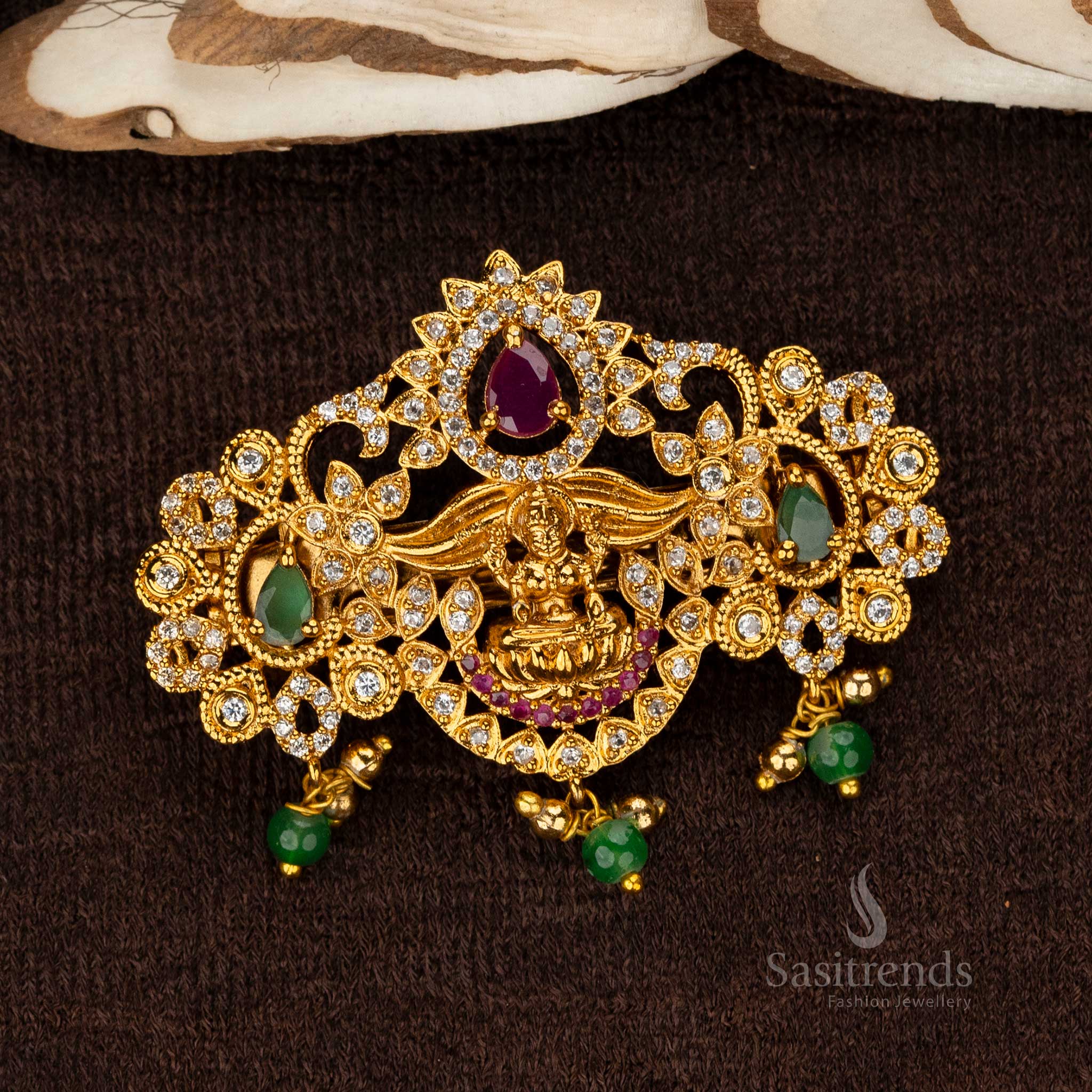 Amazing Premium Matte Gold Temple AD Lakshmi Hair Clip with Teardrop Stones - Sasitrends - Image 2