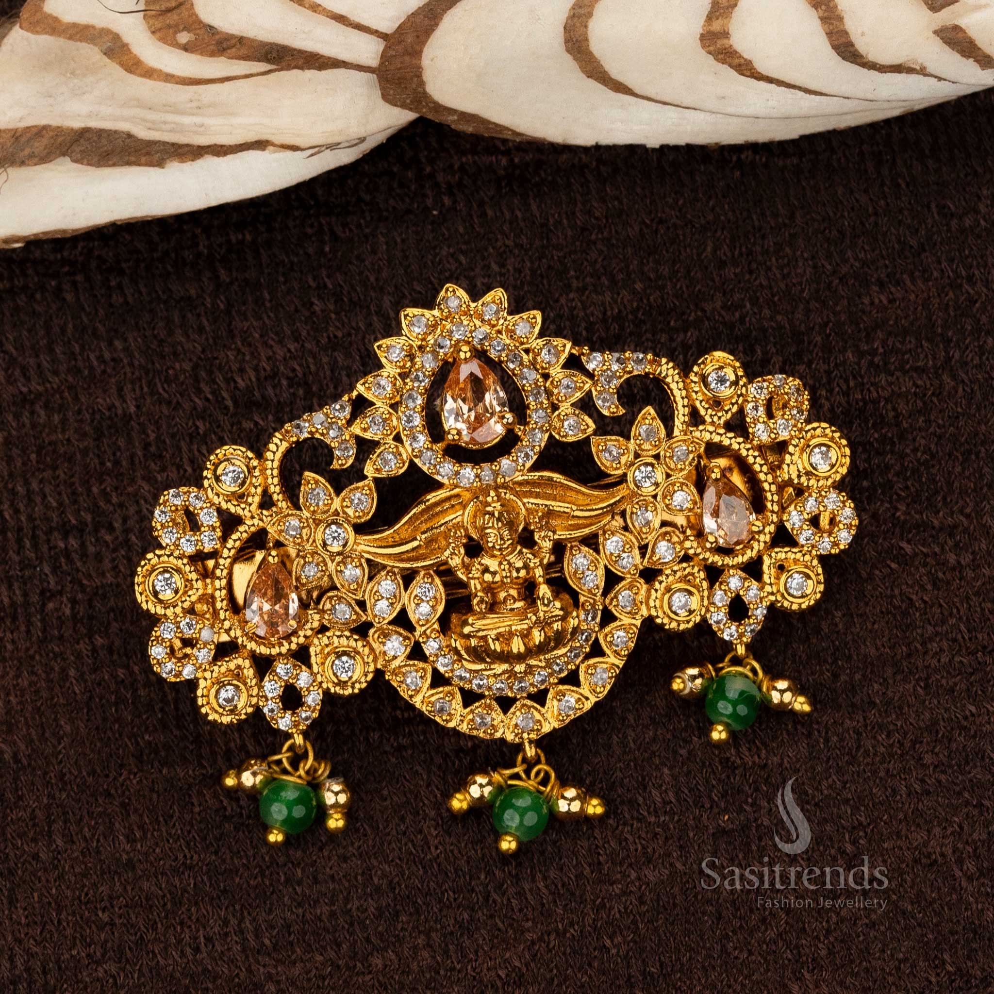 Amazing Premium Matte Gold Temple AD Lakshmi Hair Clip with Teardrop Stones - Sasitrends - Image 3