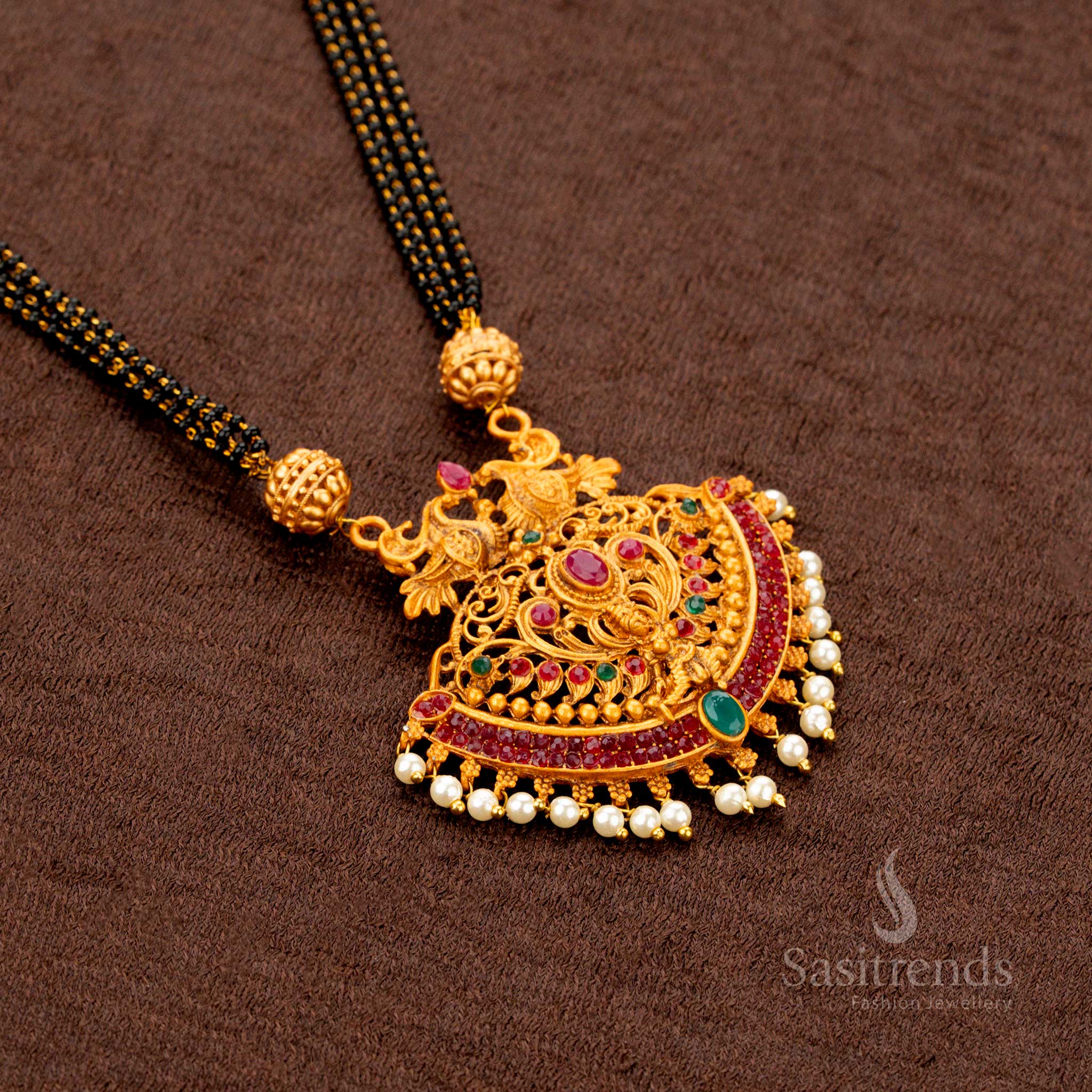 Enchanting Classic Temple Matte Gold Plated Lakshmi Peacock Motif Mangalsutra Necklace Jewellery Set with Antique Temple Pendant and Pearl Hangings - Sasitrends - Image 2