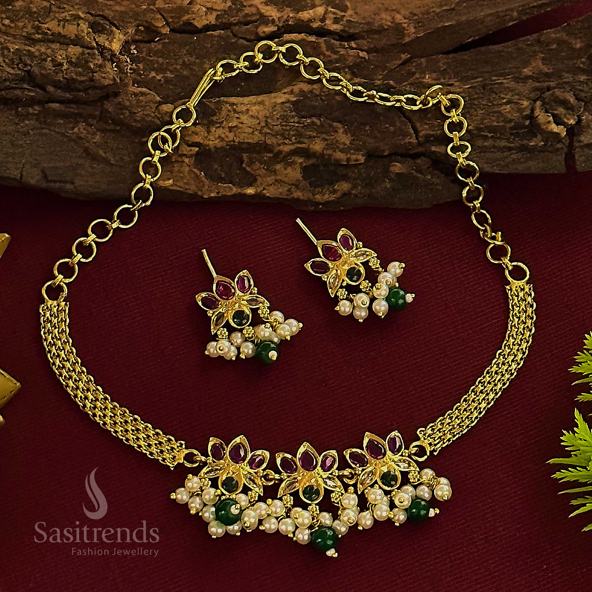 Gorgeous Temple Matte Gold Plated Lotus Floral Choker AD Necklace Jewellery Set for Women | Sasitrends
