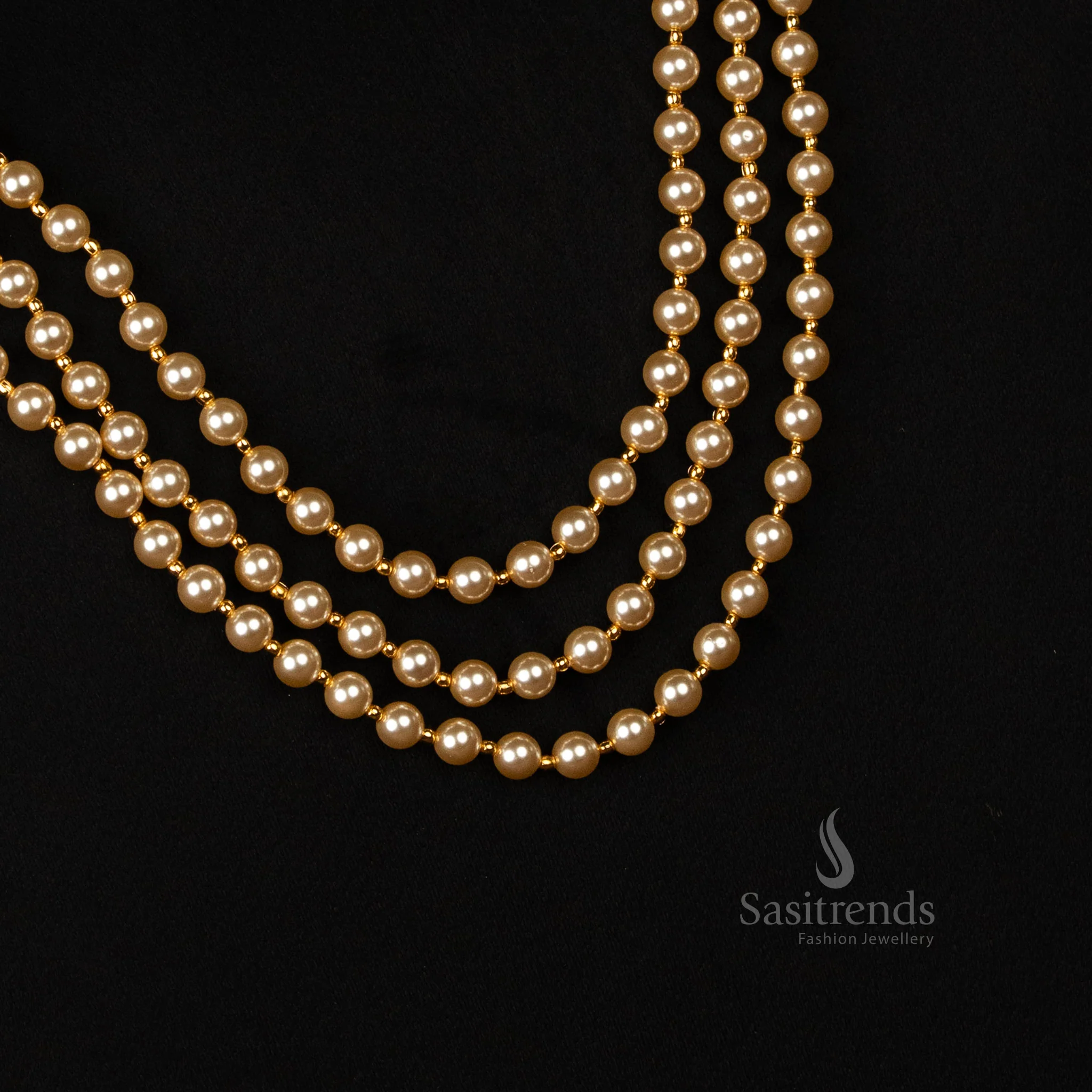 Grand One Gram Guaranteed Micro Gold Plated 3 Layer Pearl Jewellery Set with American Diamond Embellished Triangular Motifs - Sasitrends - Image 5
