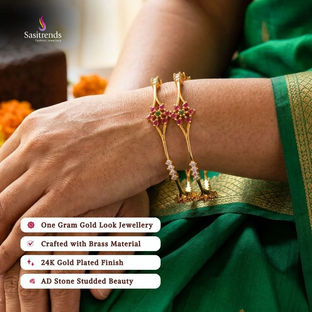 Guranteed One Gram Micro Gold Plated American Diamond Floral Bangles - Sasitrends - Image 2