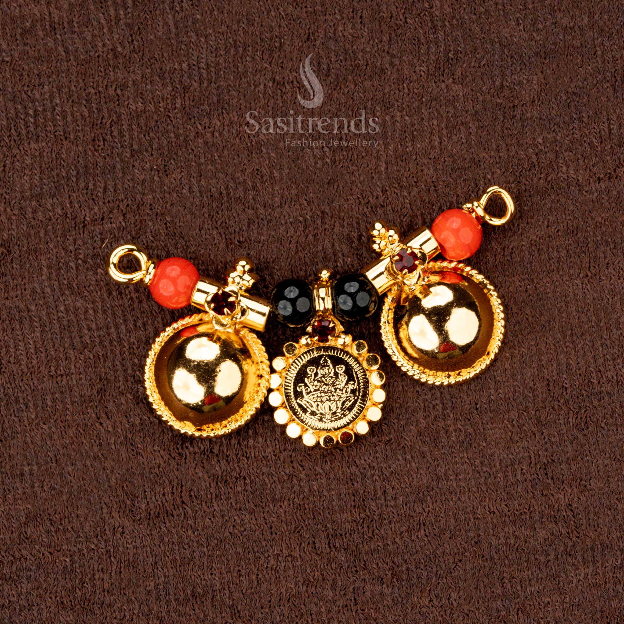 Traditional Micro Gold Plated Traditional Thali Pendant with Lakshmi Coin, Black Beads, Pavalam & AD Stones - Sasitrends
