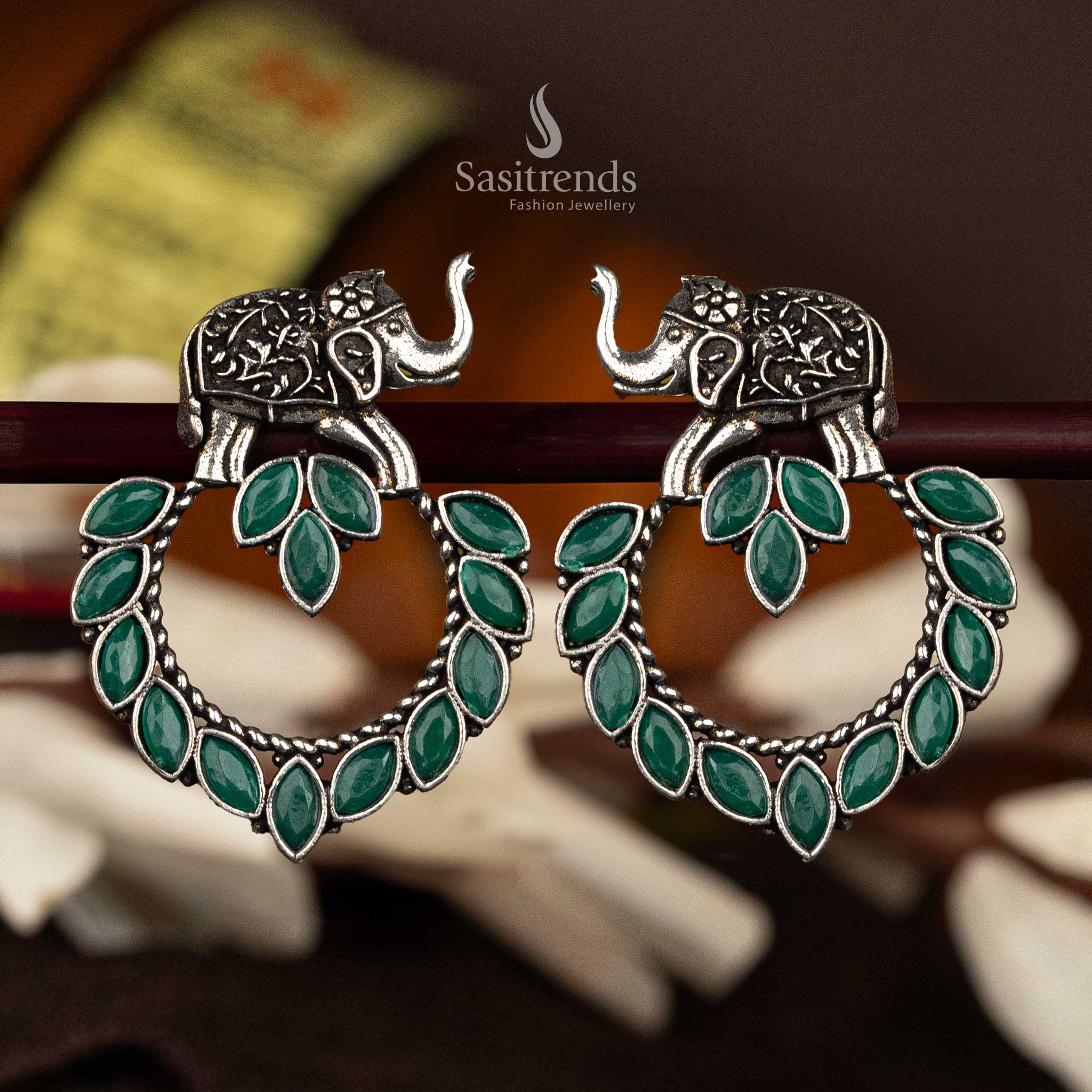 Stunning Oxidised Silver Elephant Motif Earrings with Marquise Stones for Women - Sasitrends - Image 4