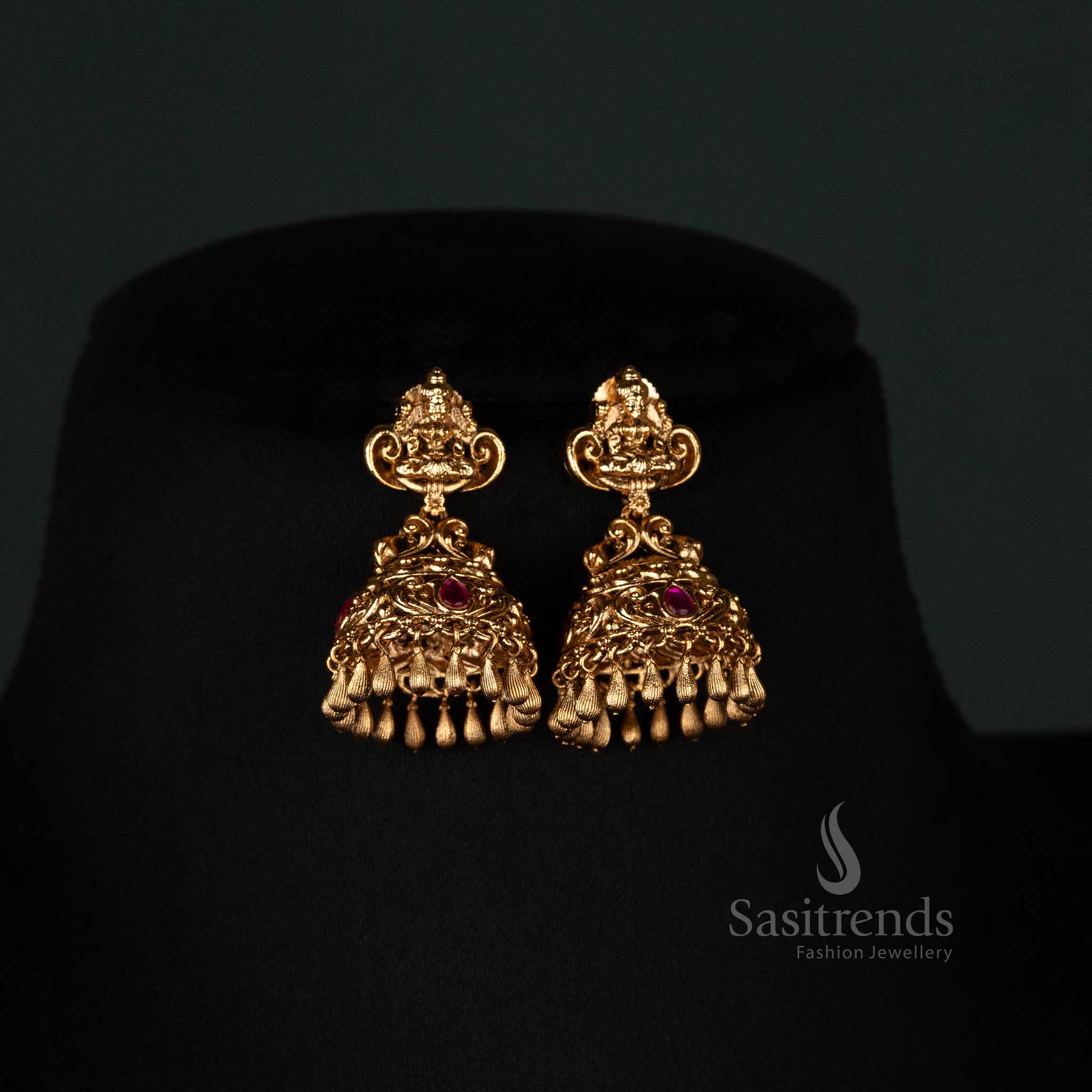 Elegant Premium Temple Matte Gold Plated Lakshmi Long Necklace Jewellery Set Dual Layered Beaded Chain Grand Lakshmi Pendant Festive and Bridal Wear - Sasitrends - Image 3