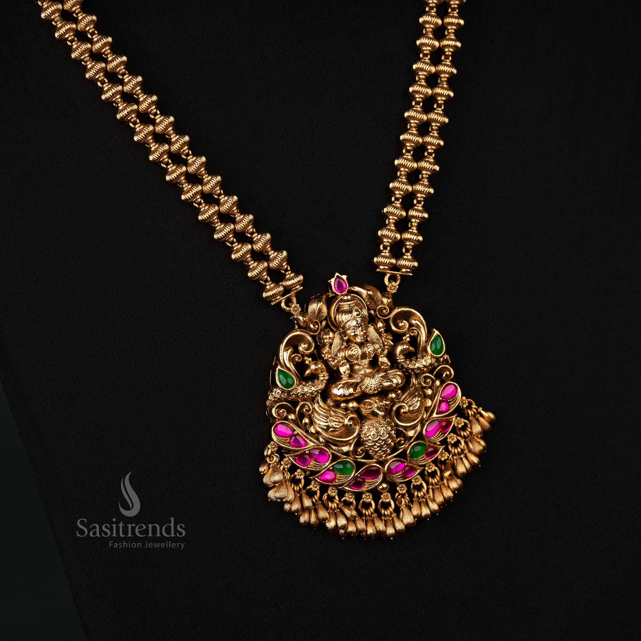 Elegant Premium Temple Matte Gold Plated Lakshmi Long Necklace Jewellery Set Dual Layered Beaded Chain Grand Lakshmi Pendant Festive and Bridal Wear - Sasitrends - Image 5