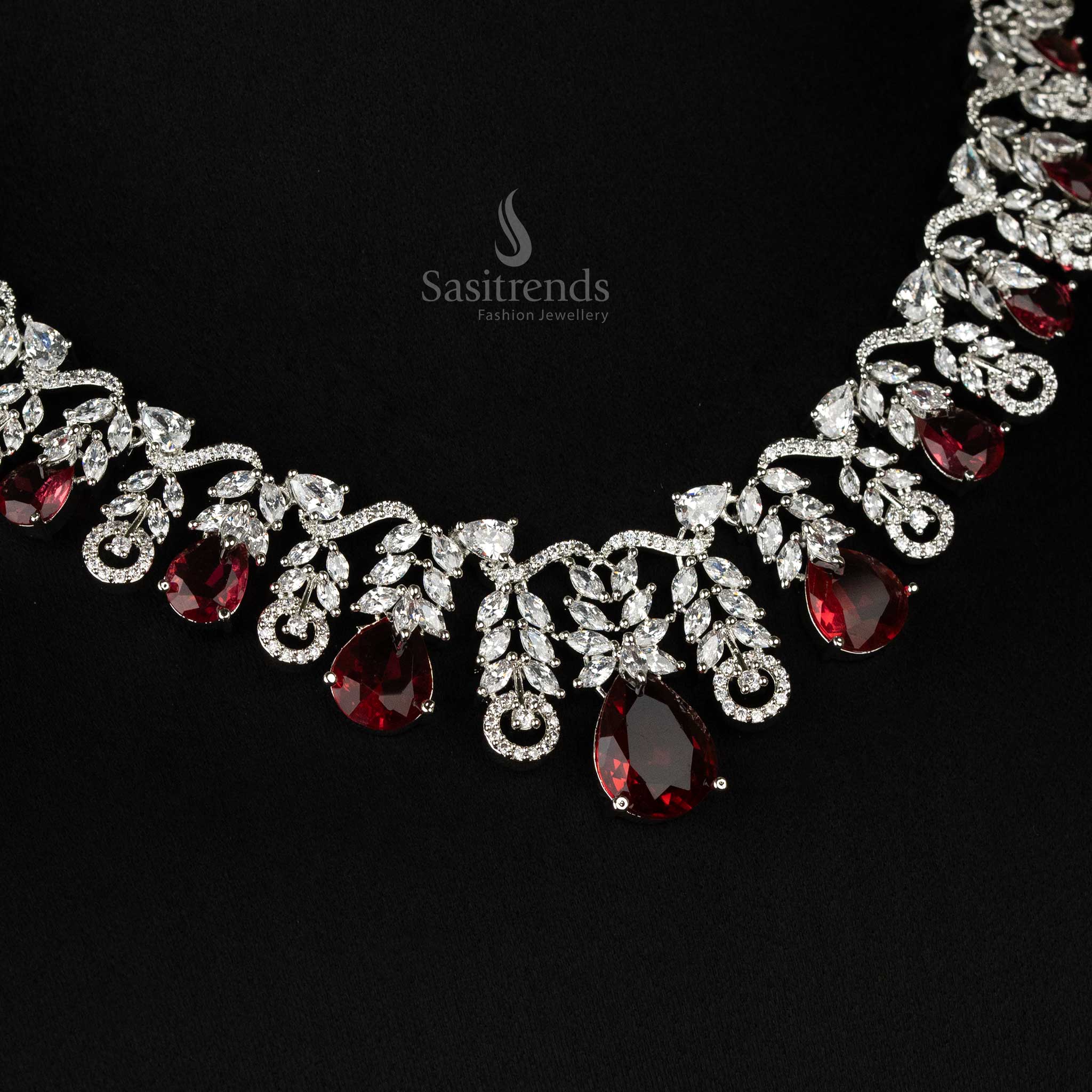 Elegant Rhodium Silver And Gold Plated Leaf Cascade Teardrop American Diamond Necklace Jewellery Set For Party Wear - Sasitrends - Image 3