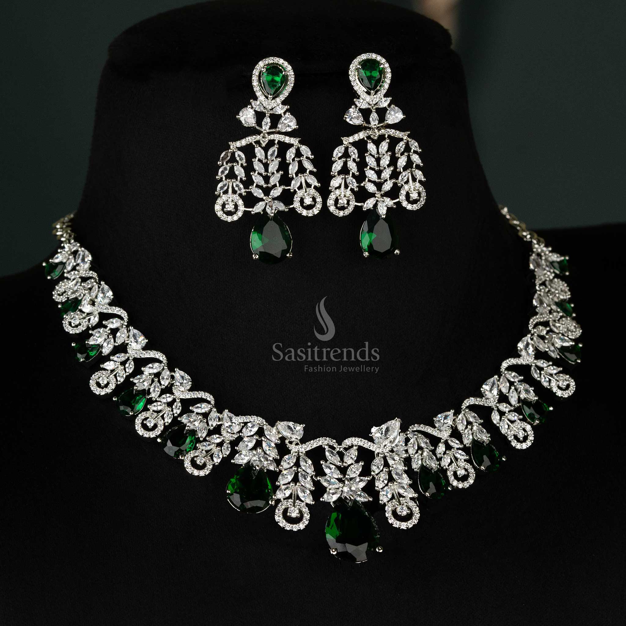 Elegant Rhodium Silver And Gold Plated Leaf Cascade Teardrop American Diamond Necklace Jewellery Set For Party Wear - Sasitrends - Image 4
