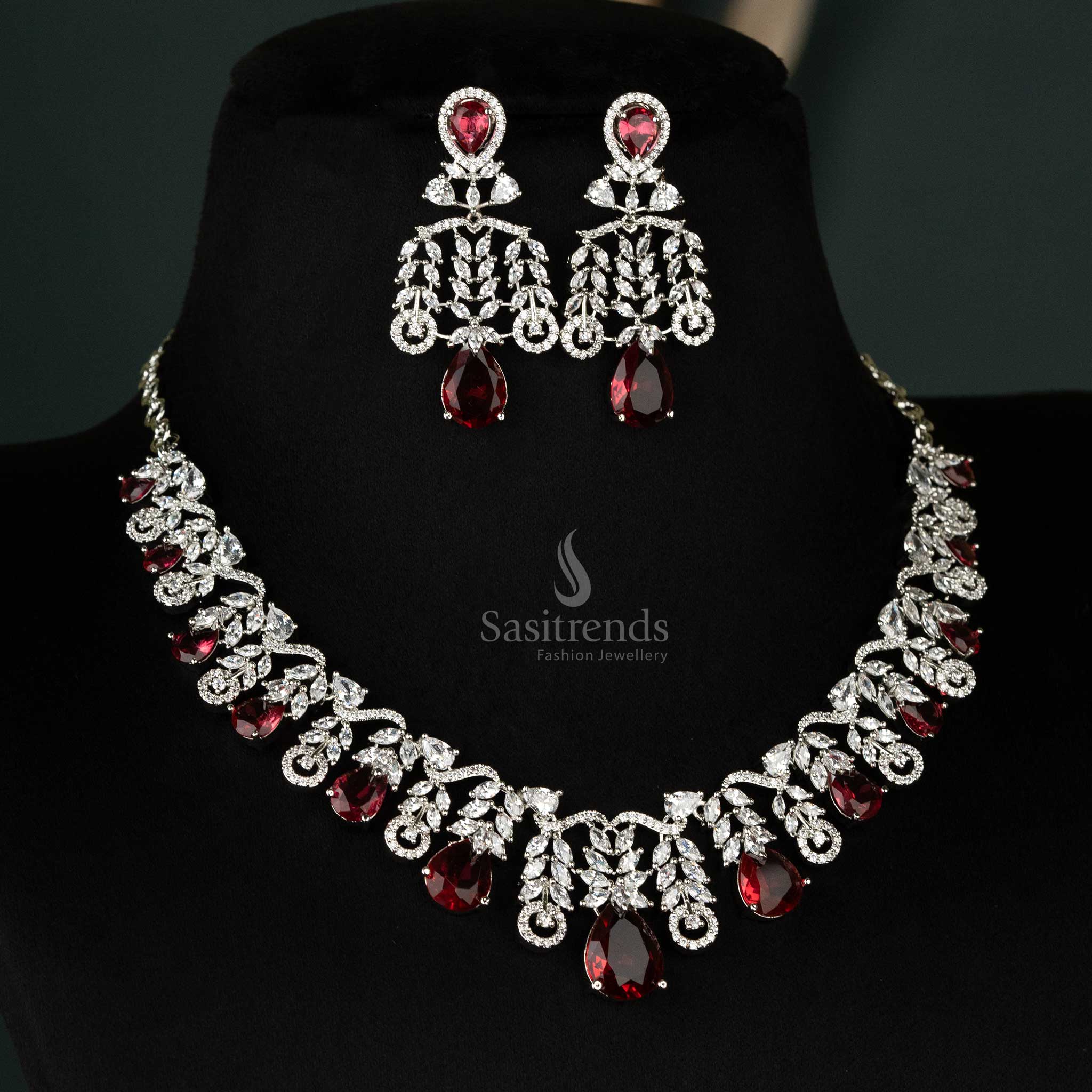 Elegant Rhodium Silver And Gold Plated Leaf Cascade Teardrop American Diamond Necklace Jewellery Set For Party Wear - Sasitrends - Image 5