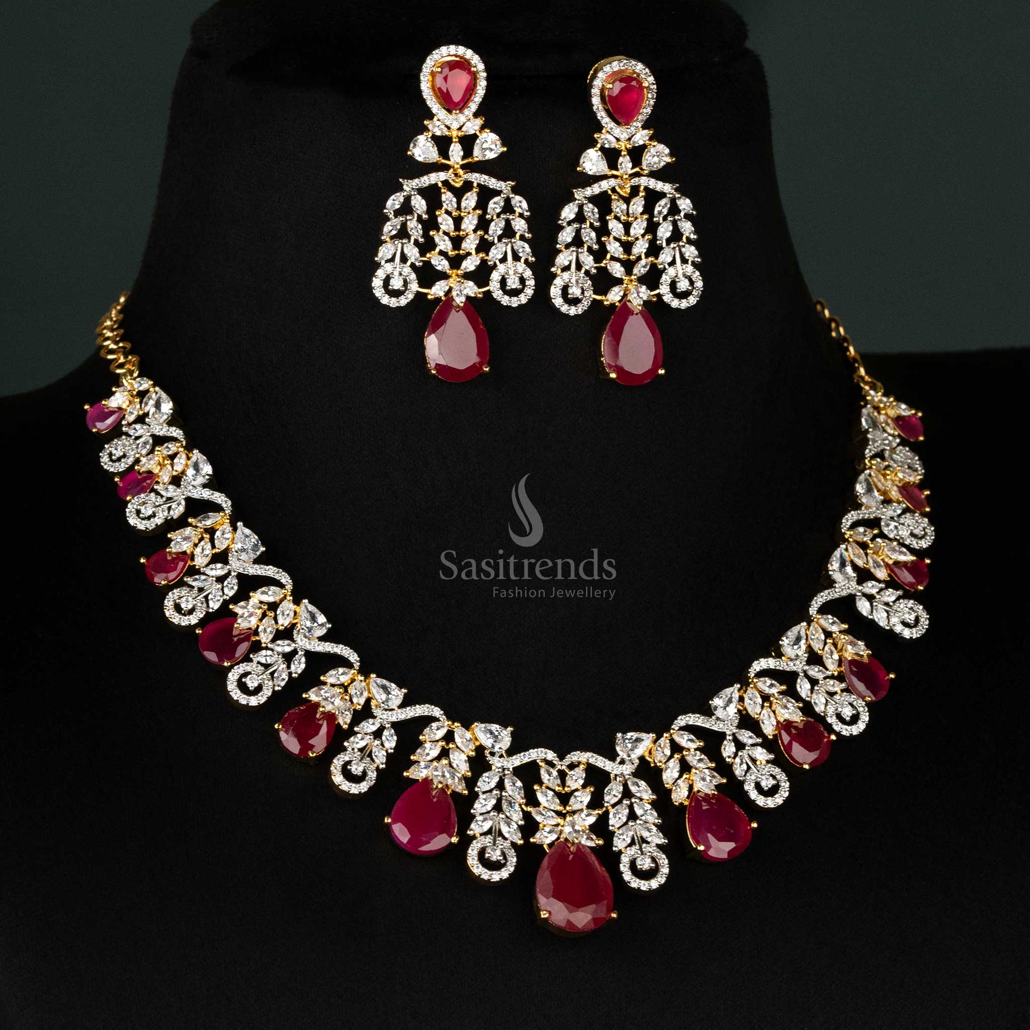 Elegant Rhodium Silver And Gold Plated Leaf Cascade Teardrop American Diamond Necklace Jewellery Set For Party Wear - Sasitrends - Image 7