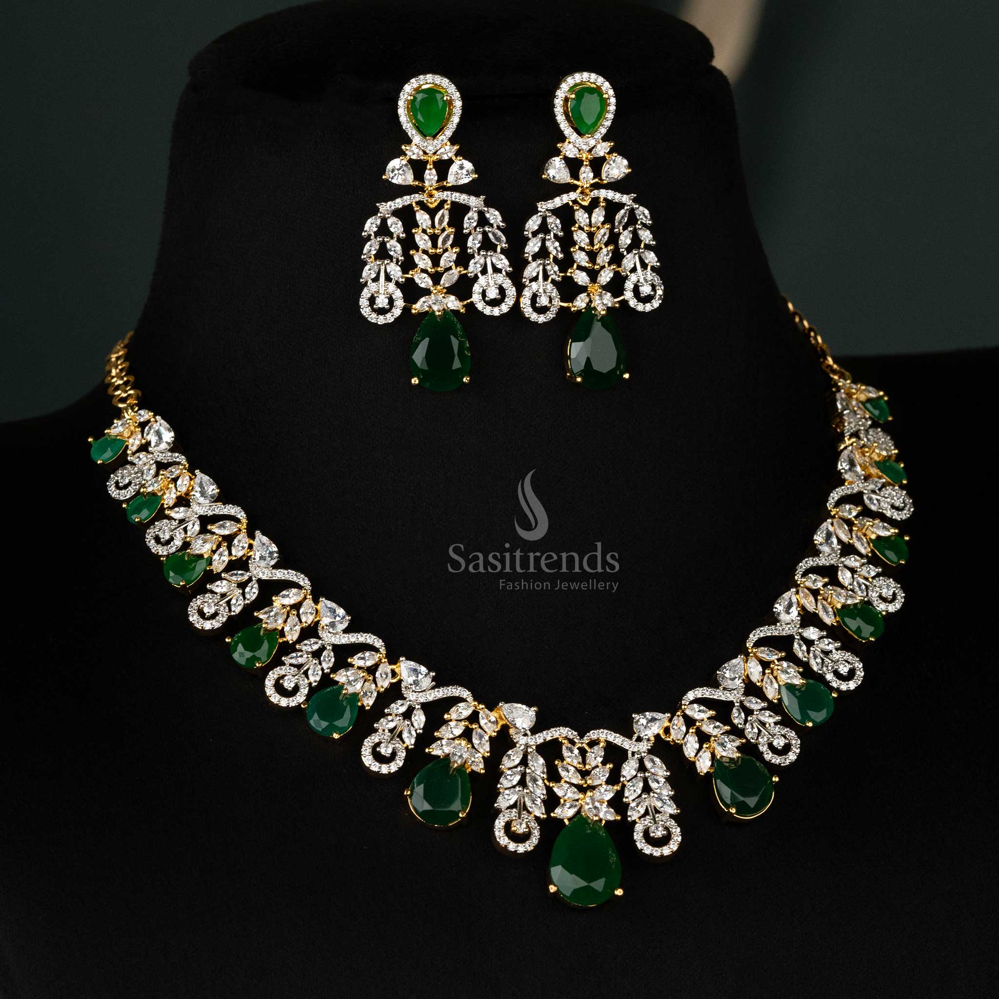 Elegant Rhodium Silver And Gold Plated Leaf Cascade Teardrop American Diamond Necklace Jewellery Set For Party Wear - Sasitrends - Image 8
