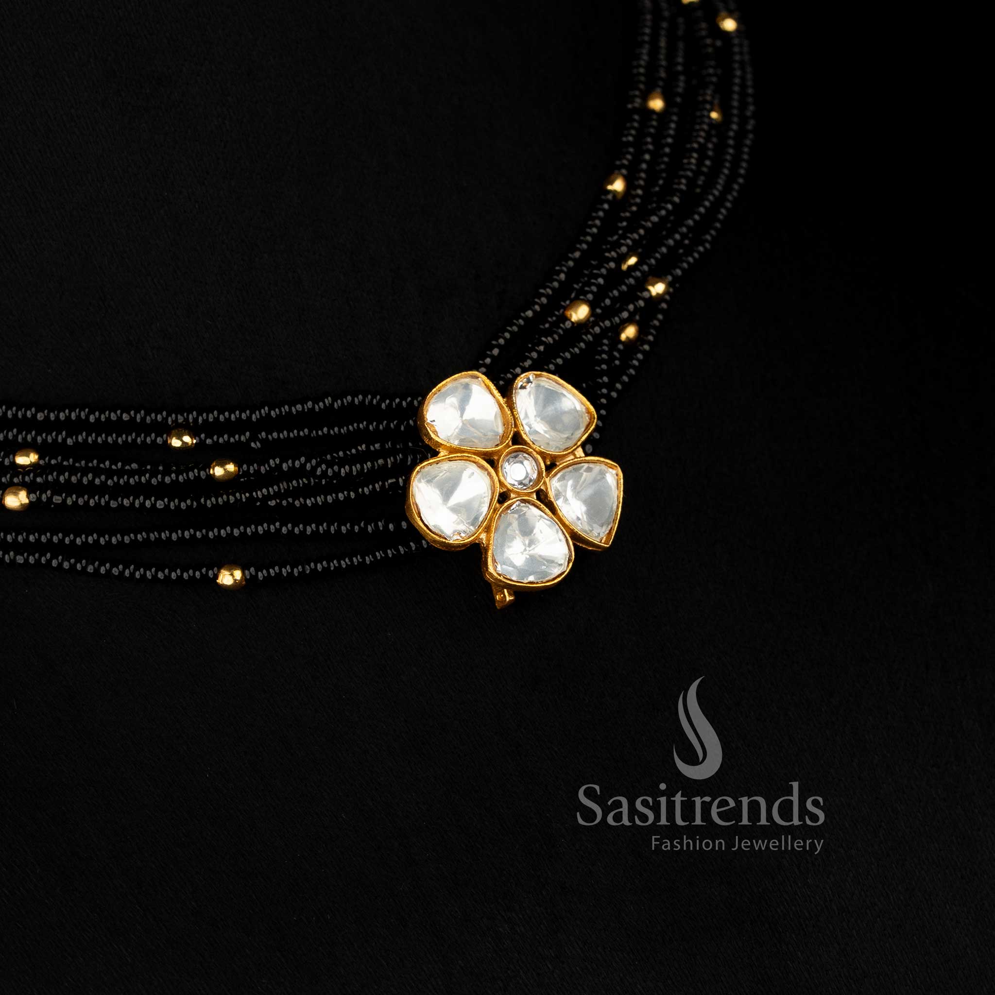 Captivating 24K Jadau Gold Plated Multi-Layer Bead Strand Flower Motif Stone Choker Necklace Set - Image 2