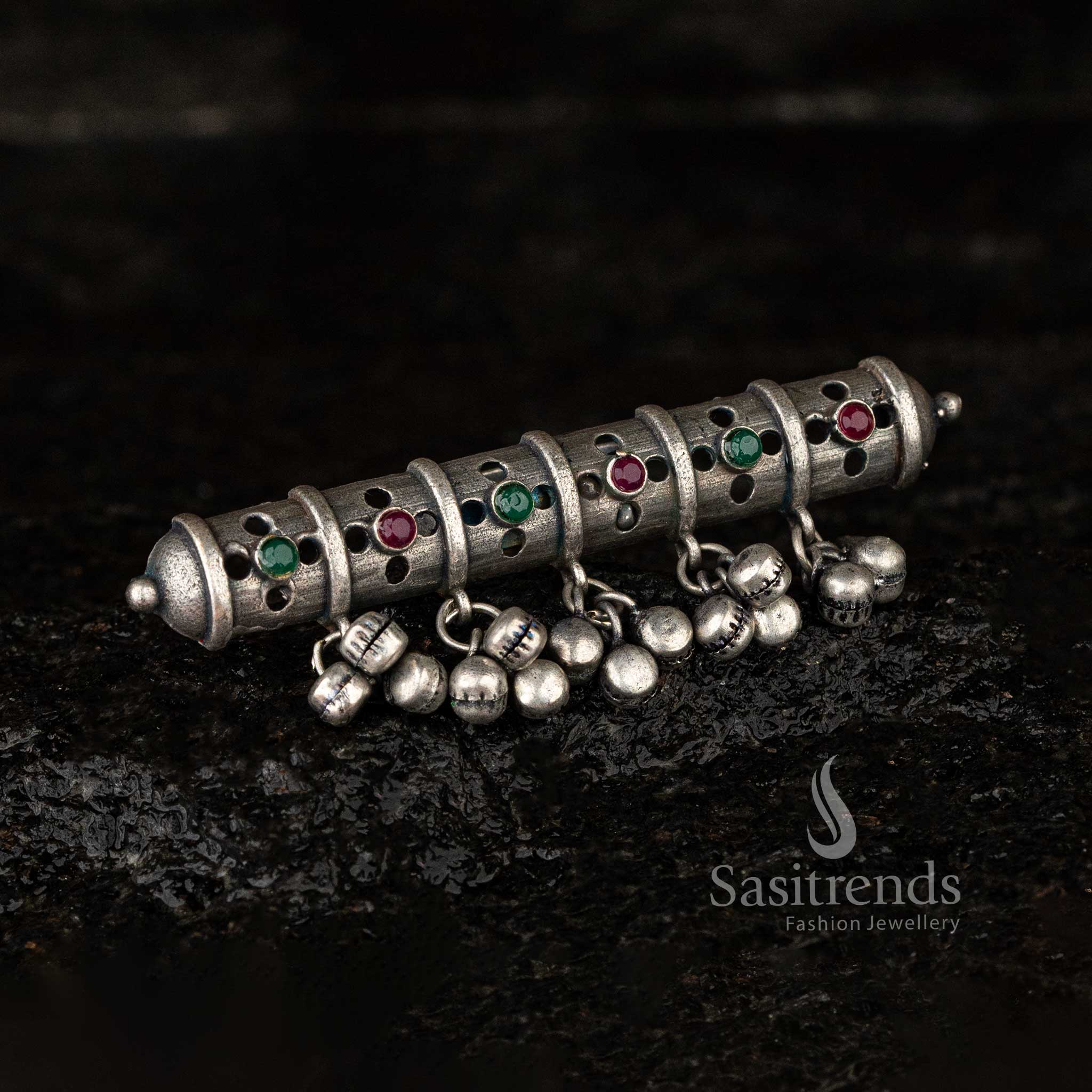 Dazzling Silver Replica Oxidised Adjustable Ghungroo Stone Finger Ring - Sasitrends - Image 2