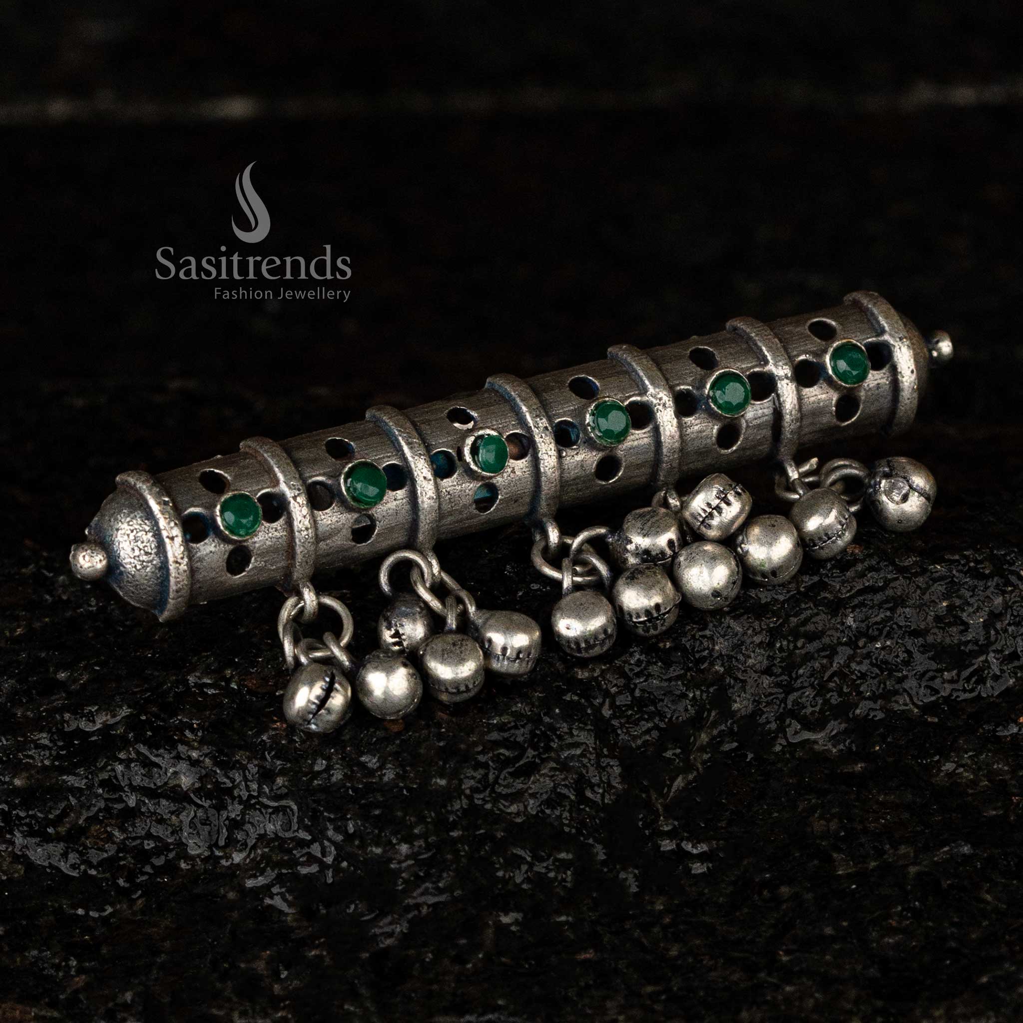 Dazzling Silver Replica Oxidised Adjustable Ghungroo Stone Finger Ring - Sasitrends - Image 3