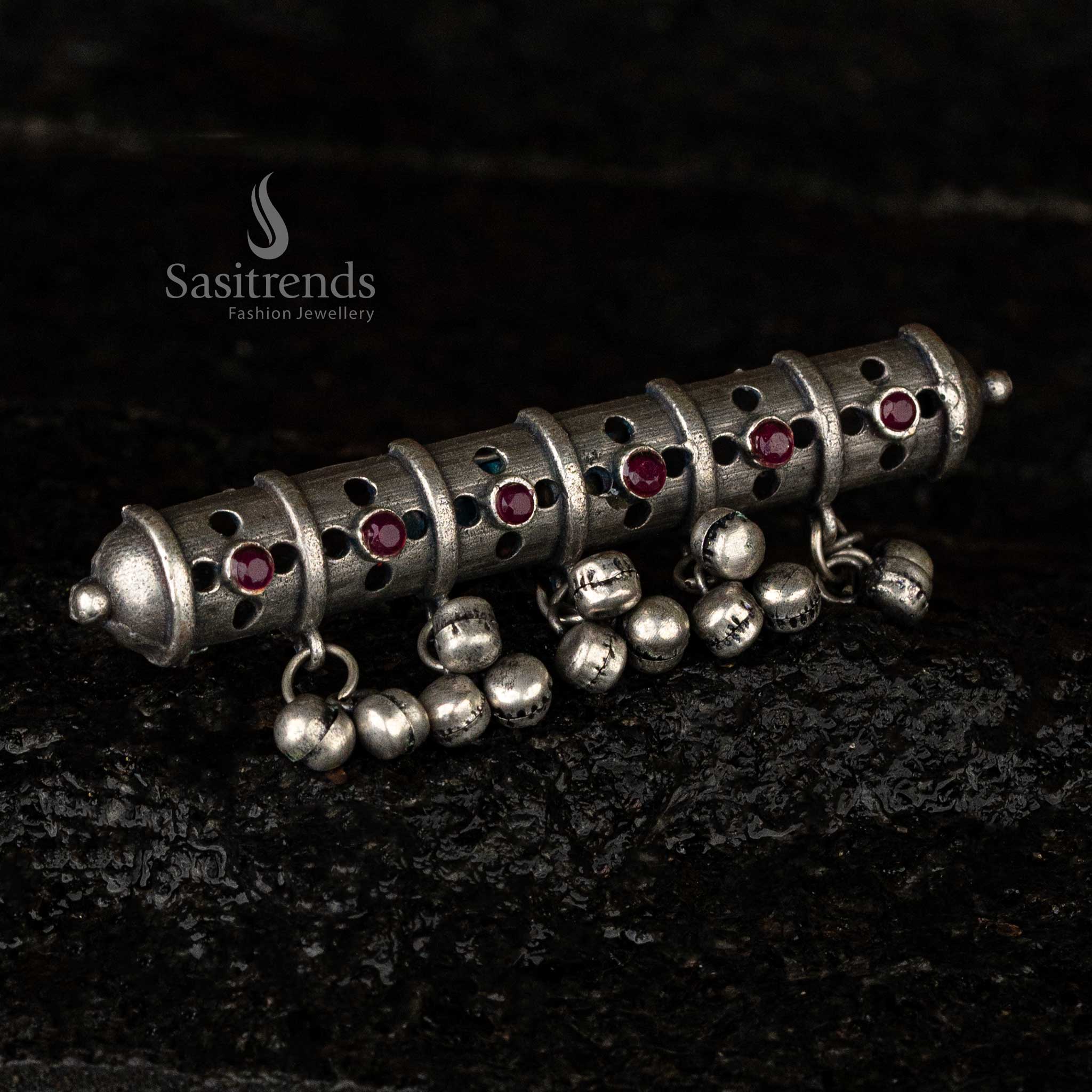 Dazzling Silver Replica Oxidised Adjustable Ghungroo Stone Finger Ring - Sasitrends - Image 5