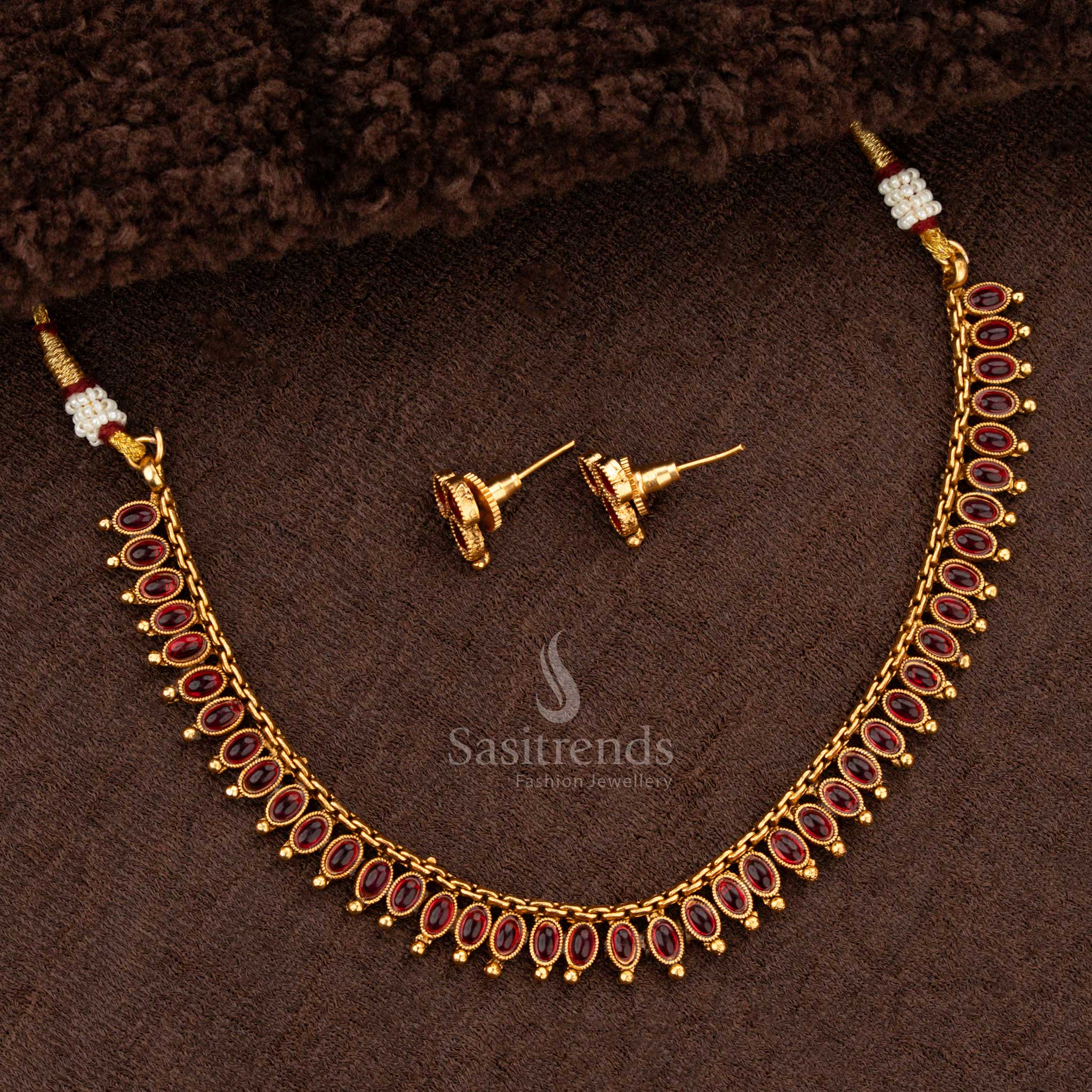 Elegant Classic Traditional Matte Gold Plated Necklace Jewellery Set with Oval Stones - Sasitrends - Image 5