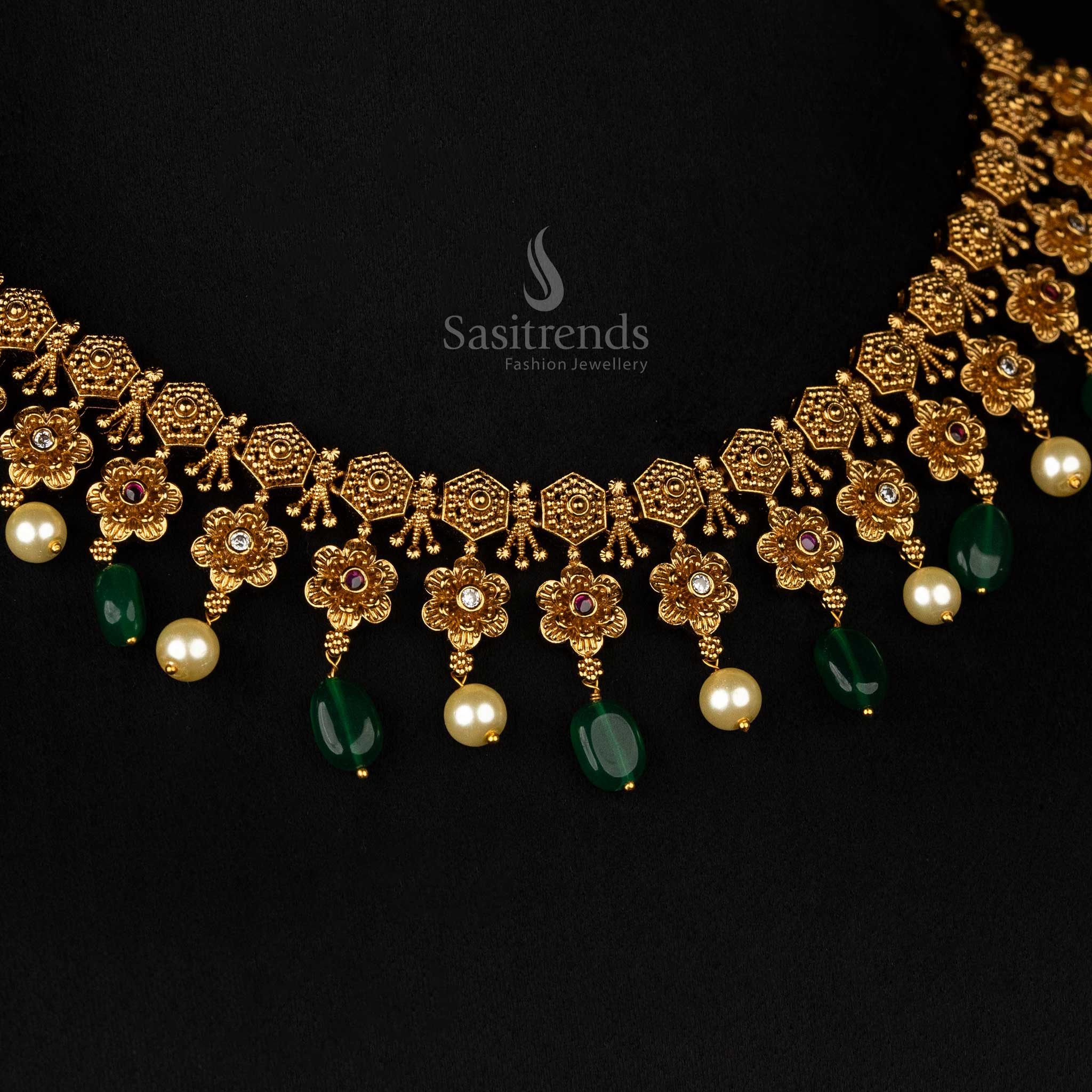 Exquisite Temple Matte Gold-Plated Necklace Jewellery Set with Floral Motifs and Green Bead Drops For Bridal and Festive Wear - Sasitrends - Image 3