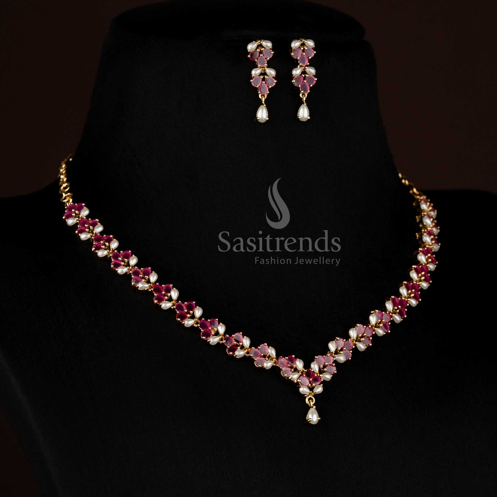 Graceful American Diamond 24k Micro Gold Plated Lotus Floral Teardrop Pearl Necklace Set for Party Moments & Elegant Evenings - Image 3