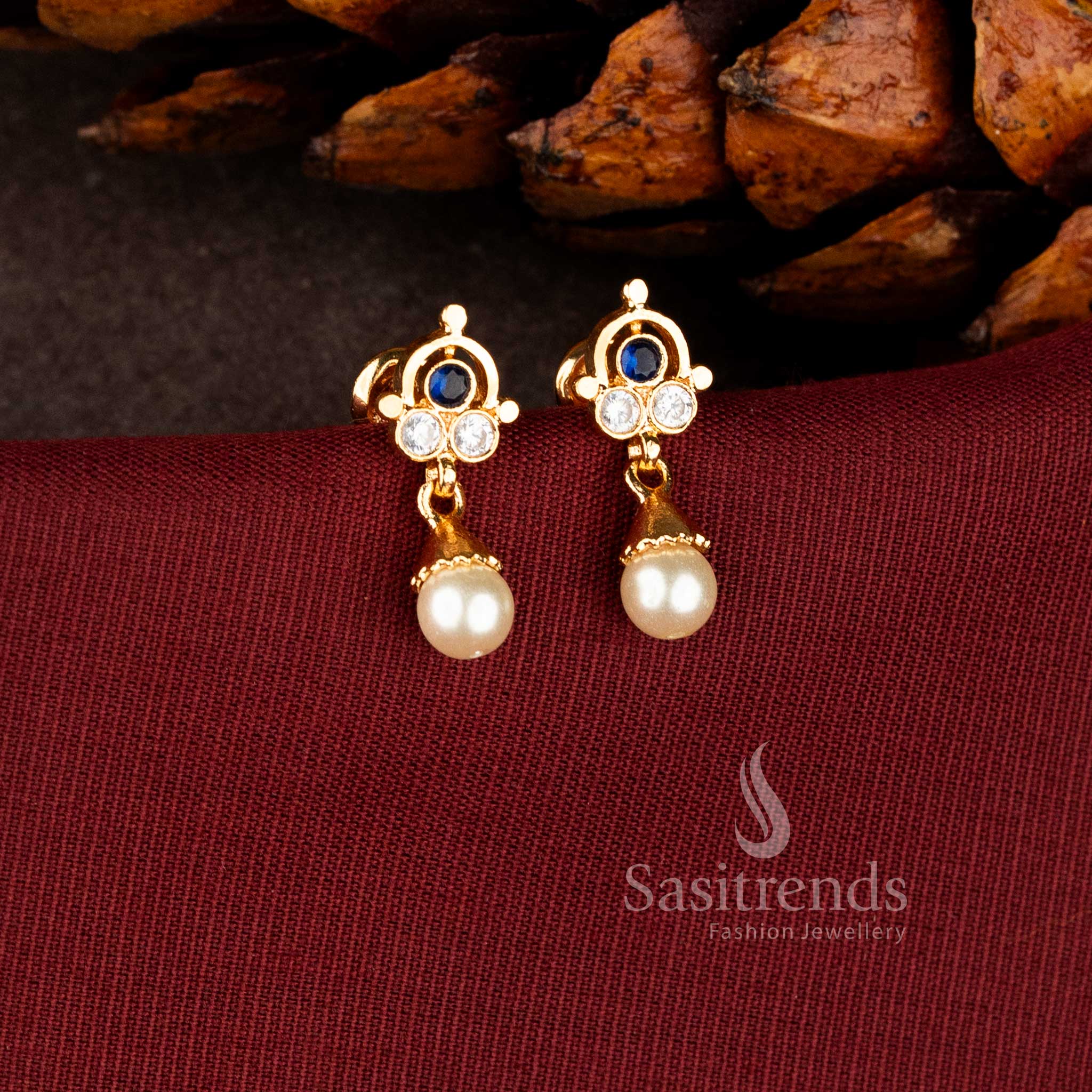 Graceful Impon Micro Gold Plated Triple Stone Pearl Drop Earrings – Guaranteed jewellery - Image 2