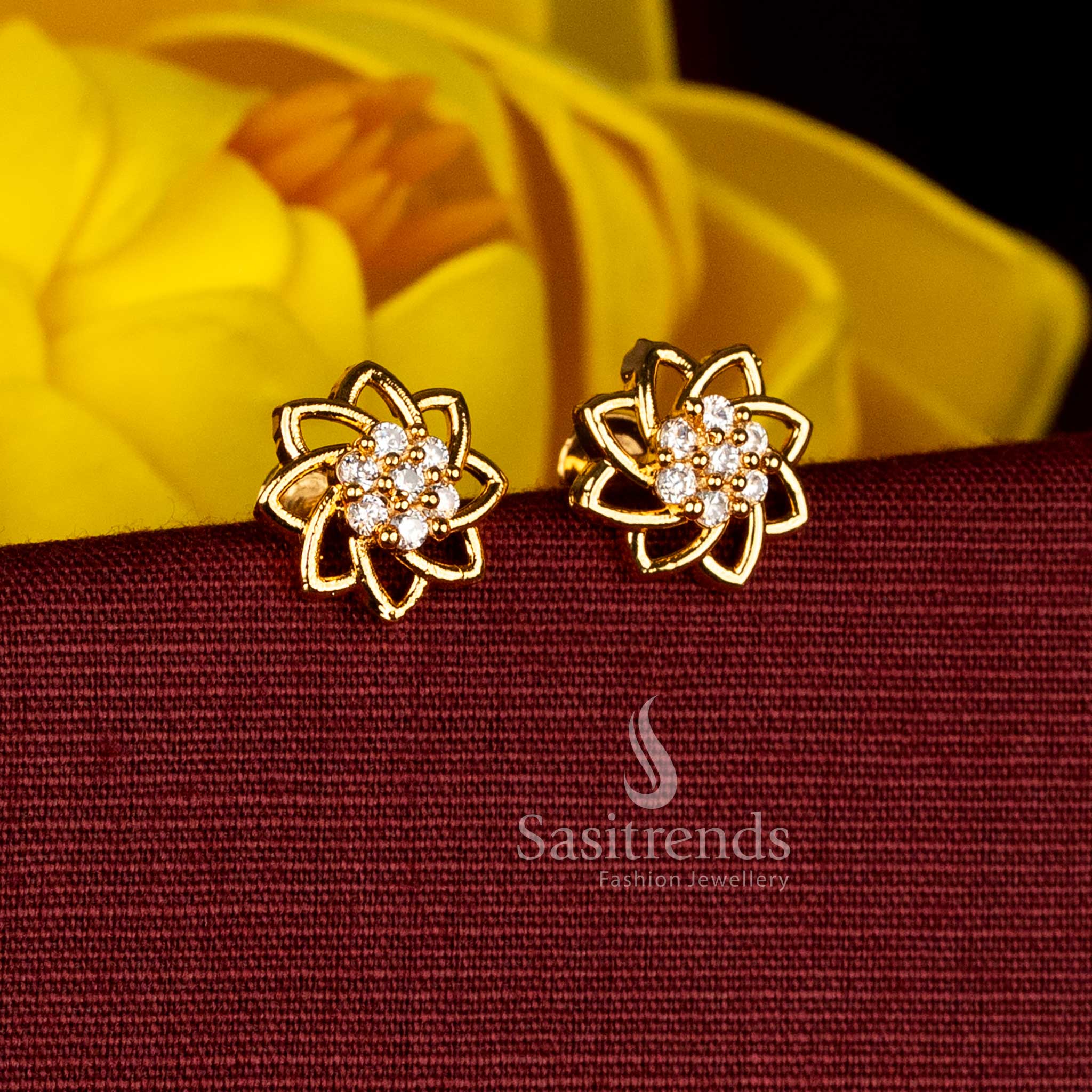 Graceful Micro Gold Plated Swirl Floral AD Stud Earrings for Festive & Traditional Occasions - Image 3