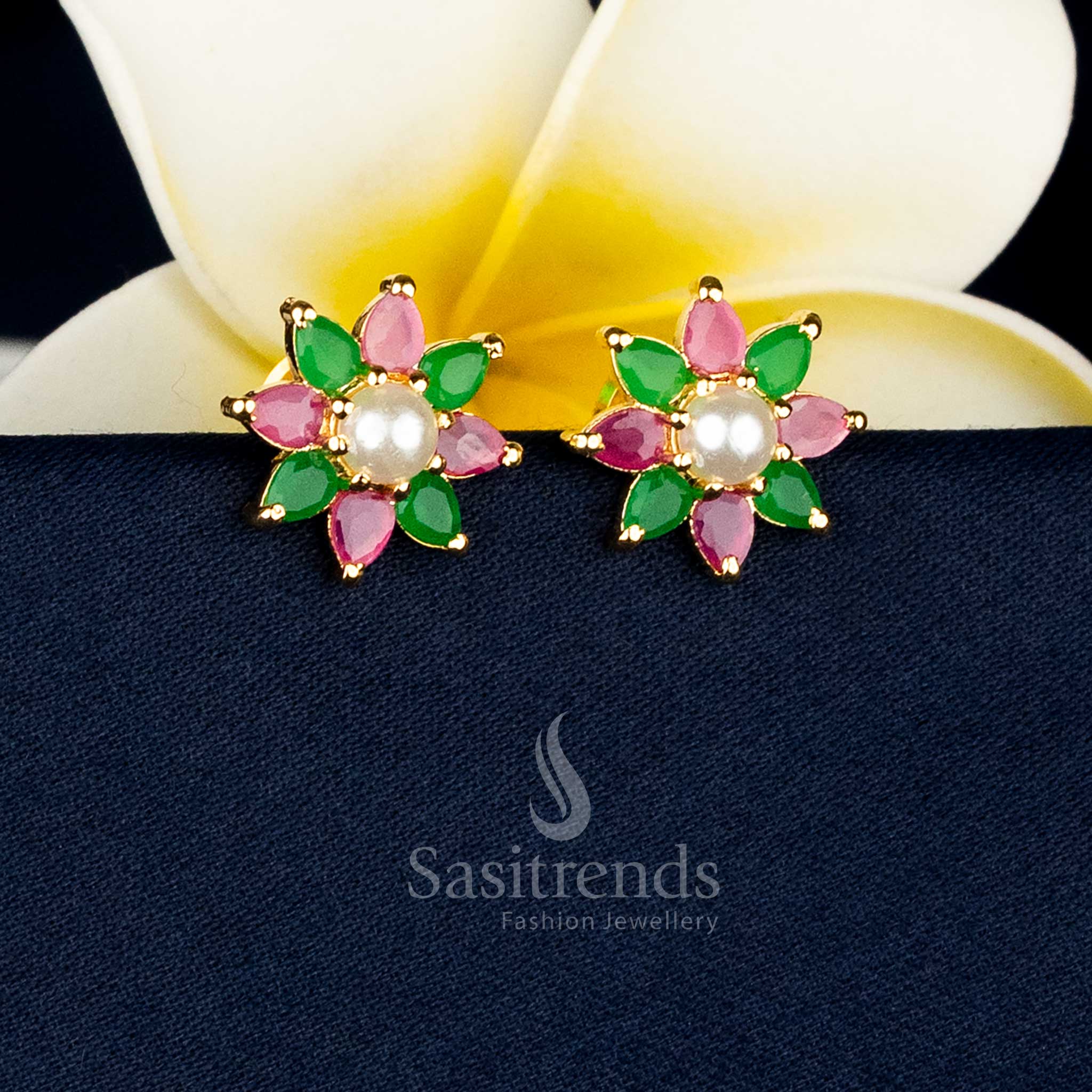 Graceful Micro Gold Plated Teardrop Floral AD Stone and Pearl Stud Earrings for Family and Festive Occasions - Image 5