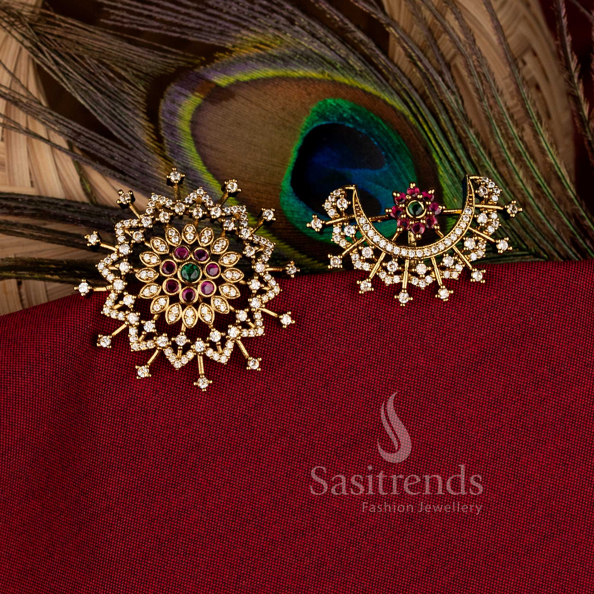 Graceful Temple Matte Gold Plated Round Floral Crescent Starburst Jadai Billai Hair Accessories - Image 3