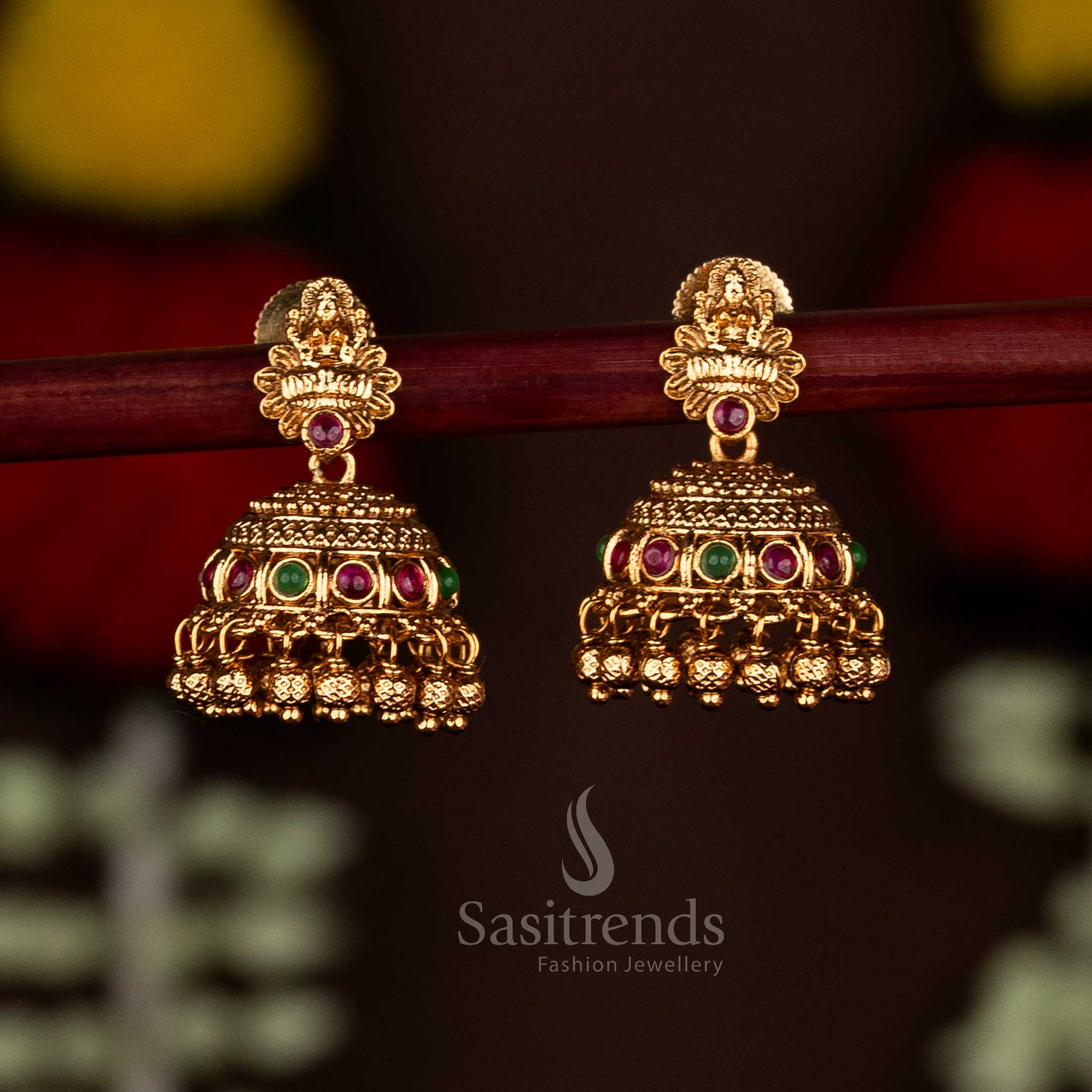 Attractive Premium Temple Matte Gold Plated Lakshmi Motif Floral Jhumka Earrings with Ghungroo Drops For Traditional Wear - Image 2