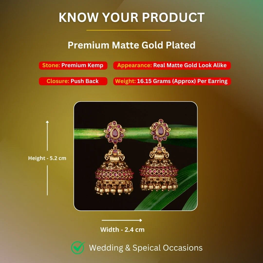 Sasitrends - Grand Premium Temple Matte Gold-Plated Bridal Earrings with Ruby-Green Stones & Golden Beads - Image 3