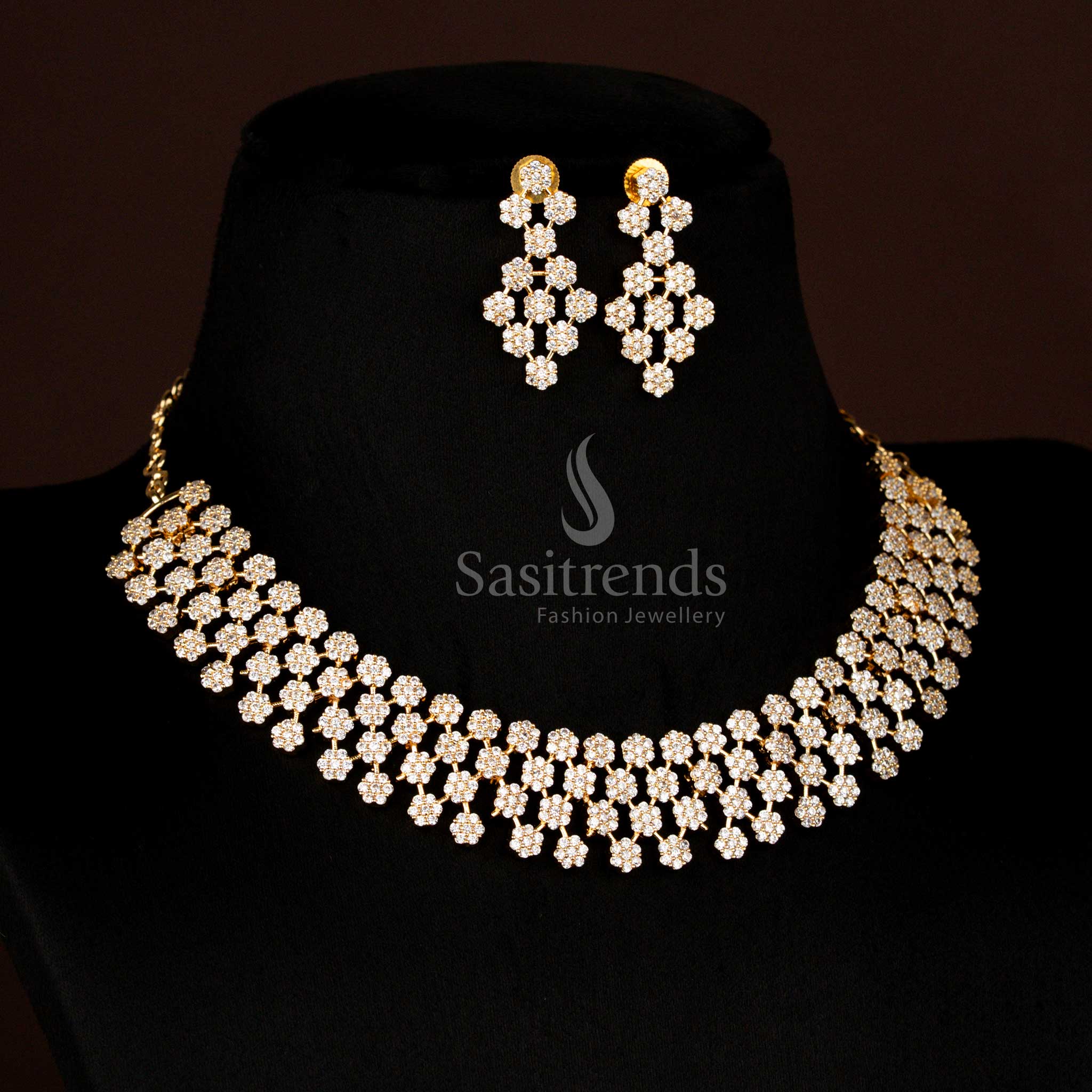 Luxurious Micro Gold Plated American Diamond Floral Cluster Necklace Jewellery Set for Party & Receptions