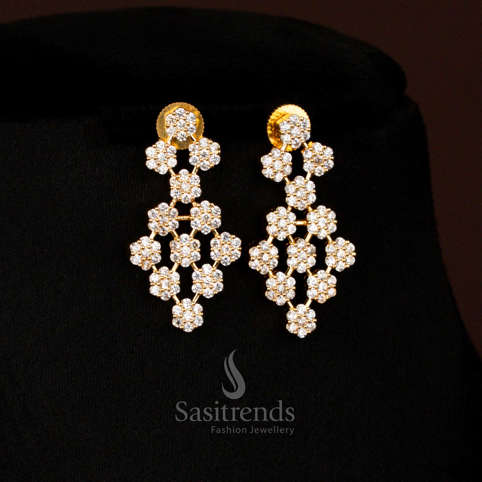 Luxurious Micro Gold Plated American Diamond Floral Cluster Necklace Jewellery Set for Party & Receptions - Image 2