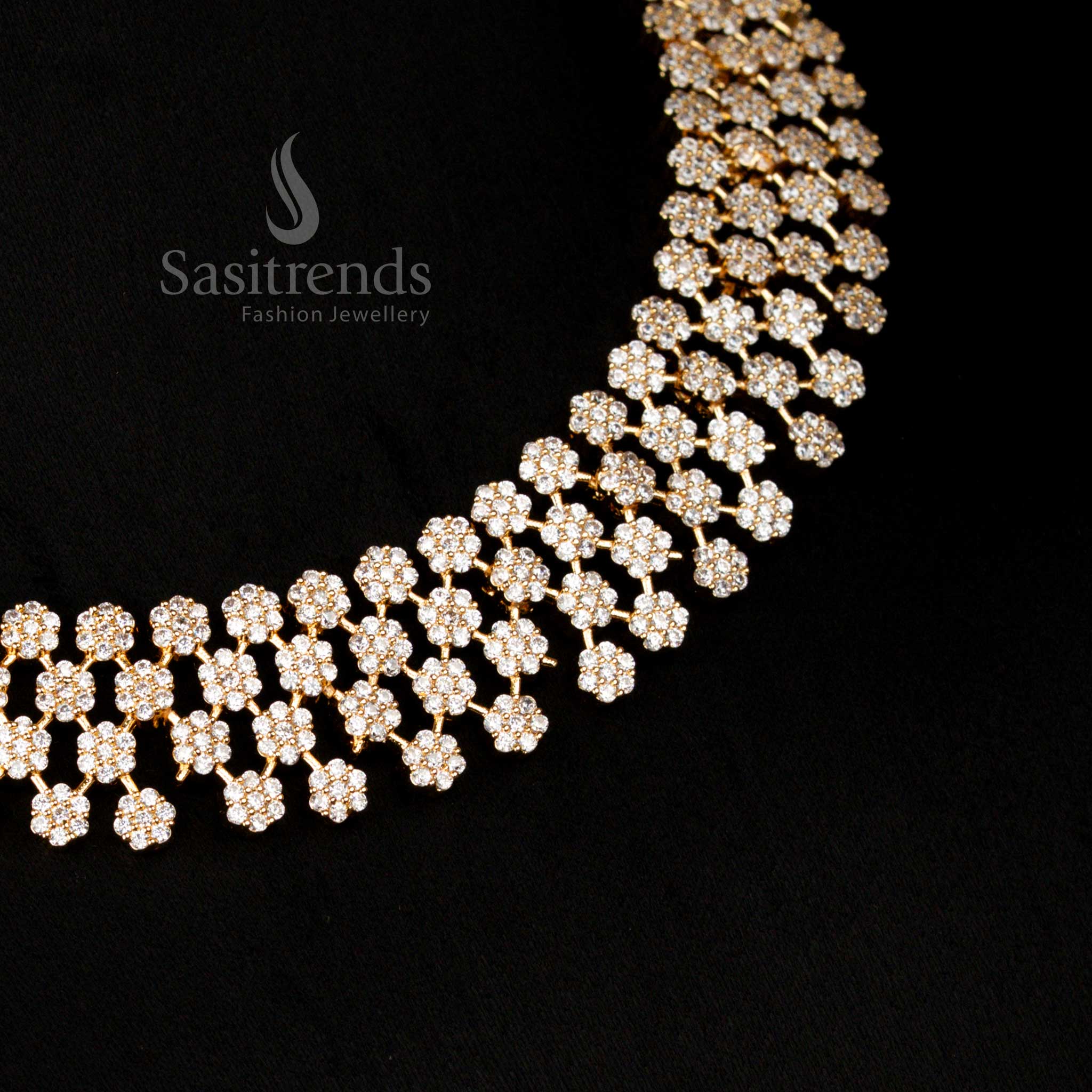 Luxurious Micro Gold Plated American Diamond Floral Cluster Necklace Jewellery Set for Party & Receptions - Image 3