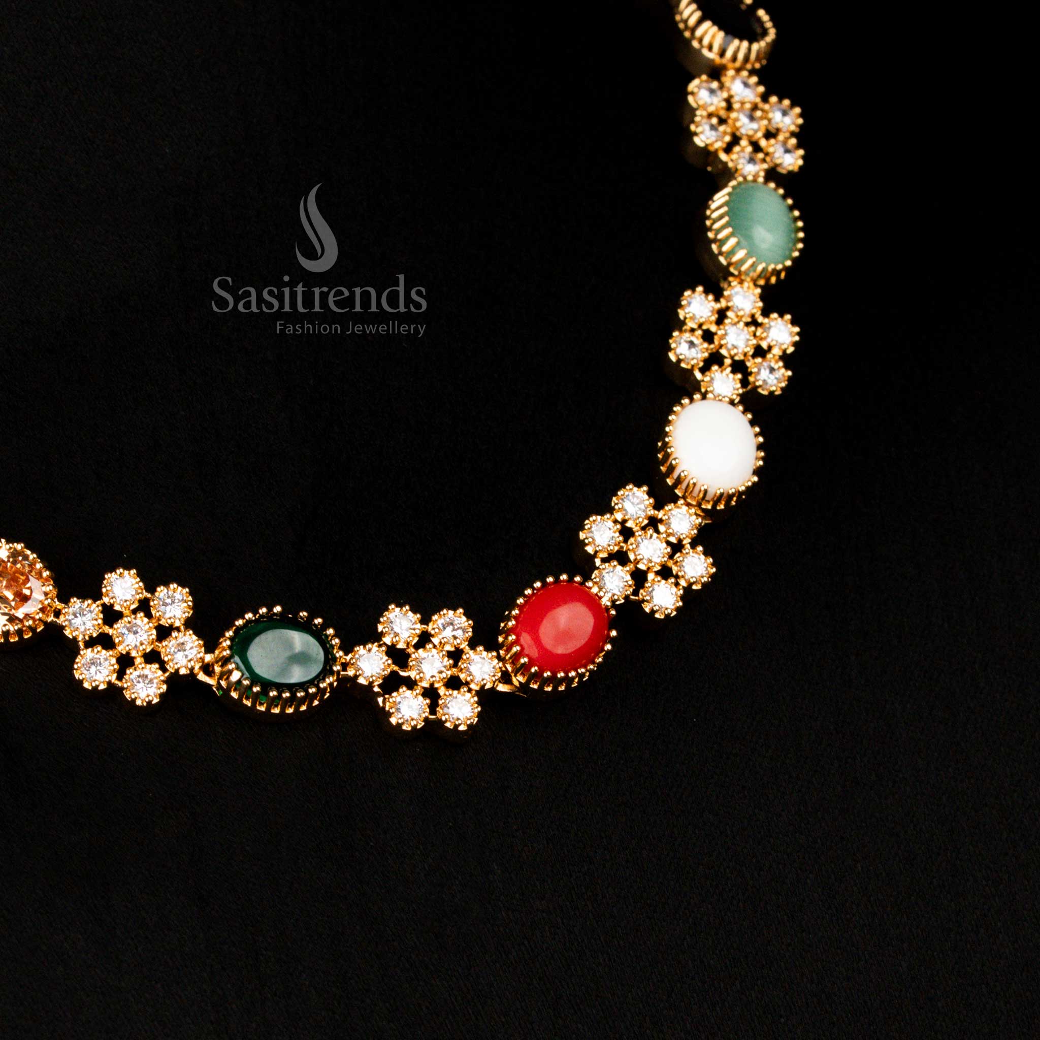 Grand Micro Gold Plated Guaranteed American Diamond Navaratna Necklace Jewellery Set For Festive Wear - Image 10