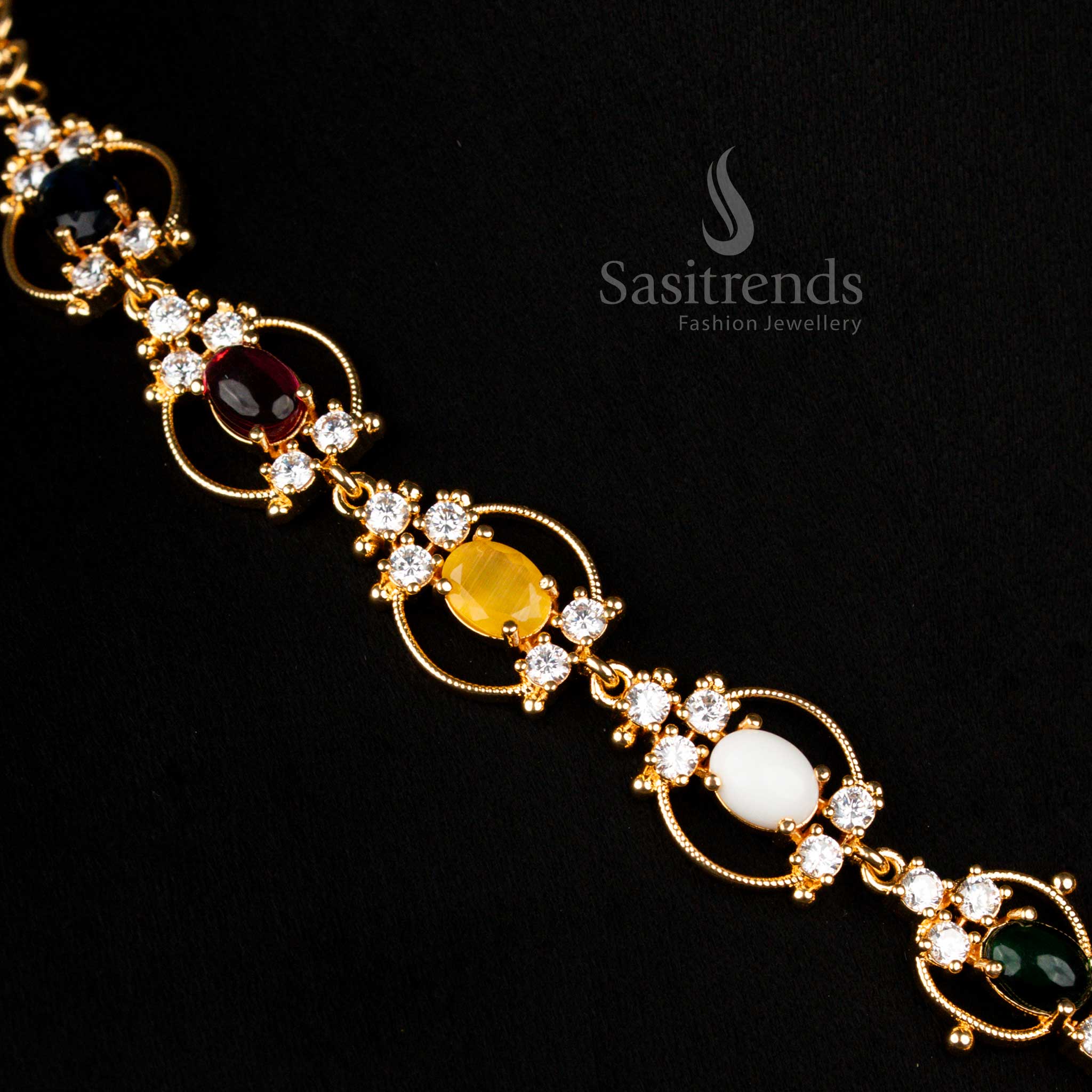 Grand Micro Gold Plated Guaranteed American Diamond Navaratna Necklace Jewellery Set For Festive Wear - Image 6
