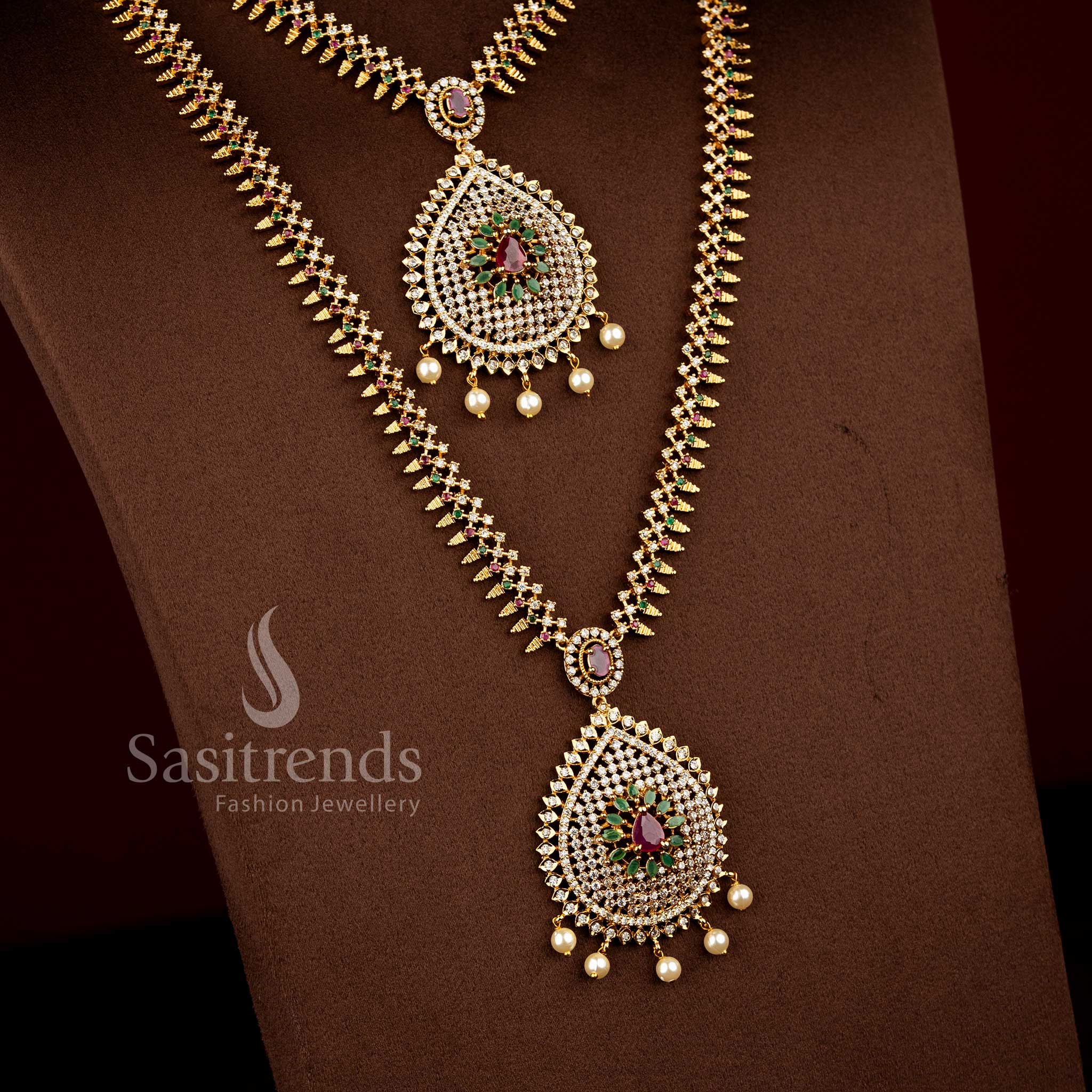 Grand American Diamond Matte Gold Plated Teardrop Long & Short Combo Necklace Jewellery Set for Weddings and Bridal Wear - Image 2