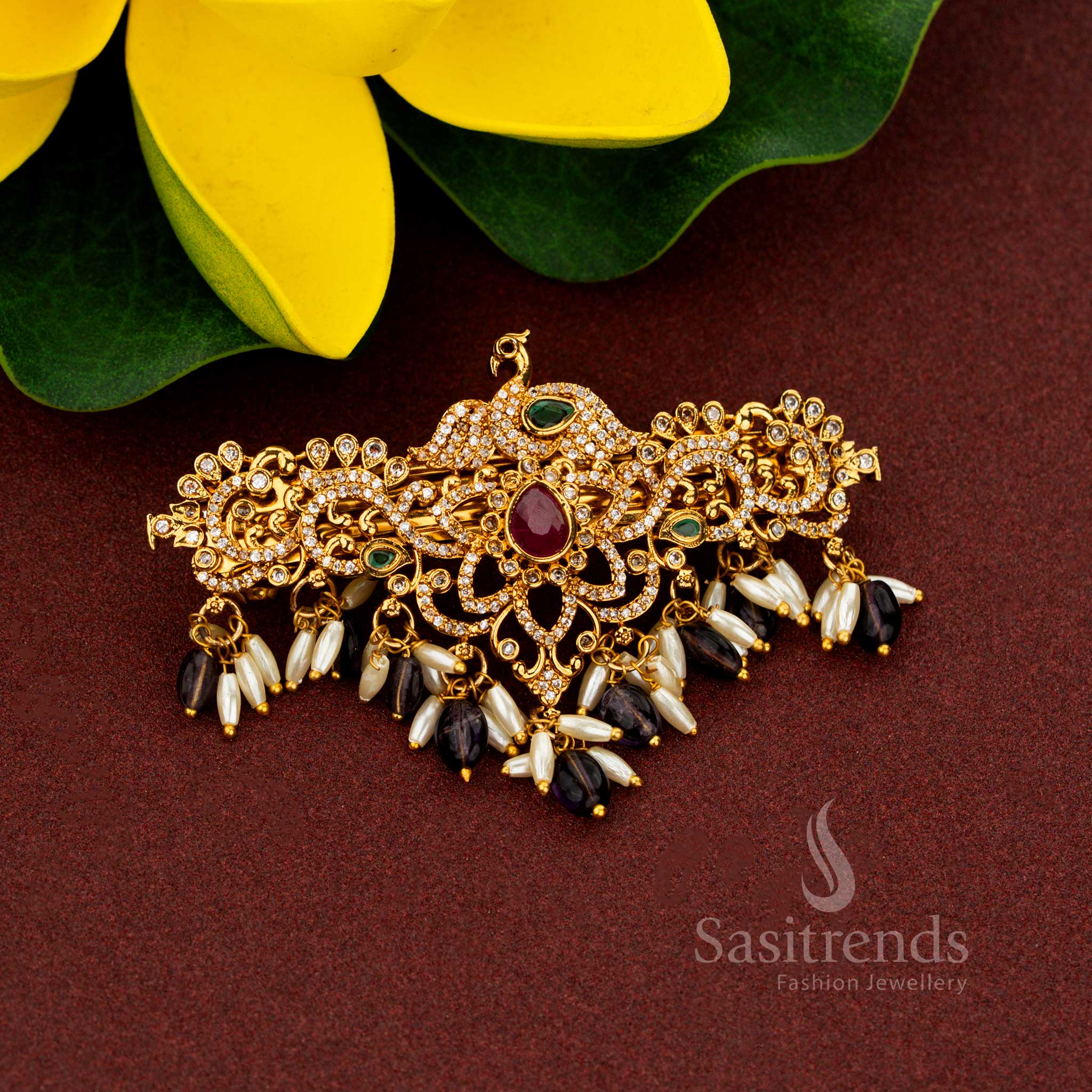 Exquisite Temple Matte Gold Plated Peacock Floral Hair Clip with Teardrop AD Stones and Rice Pearls