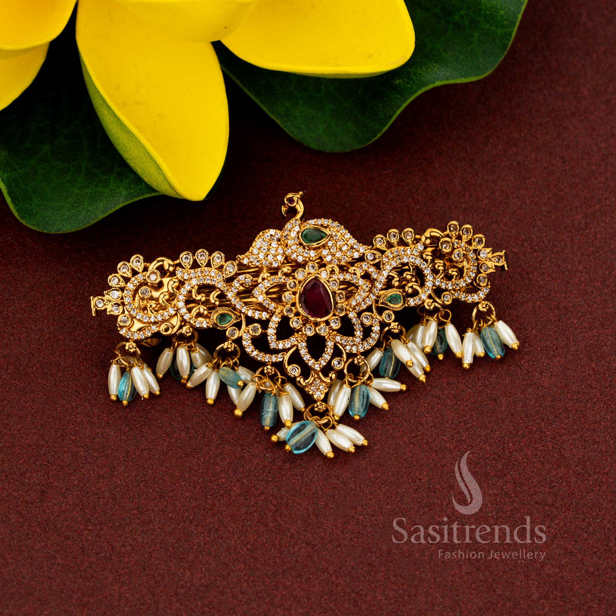 Exquisite Temple Matte Gold Plated Peacock Floral Hair Clip with Teardrop AD Stones and Rice Pearls - Image 3