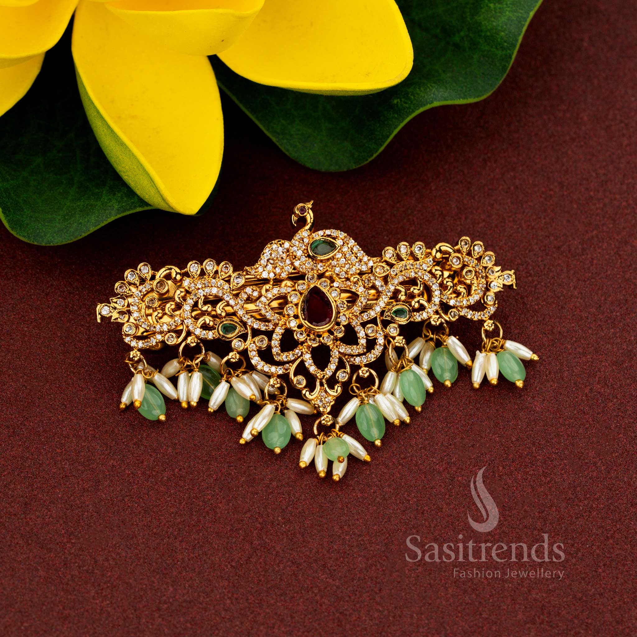 Exquisite Temple Matte Gold Plated Peacock Floral Hair Clip with Teardrop AD Stones and Rice Pearls - Image 4