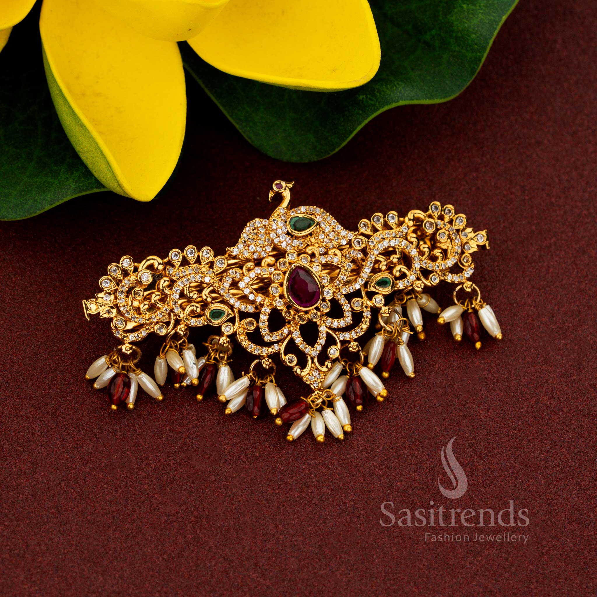 Exquisite Temple Matte Gold Plated Peacock Floral Hair Clip with Teardrop AD Stones and Rice Pearls - Image 5