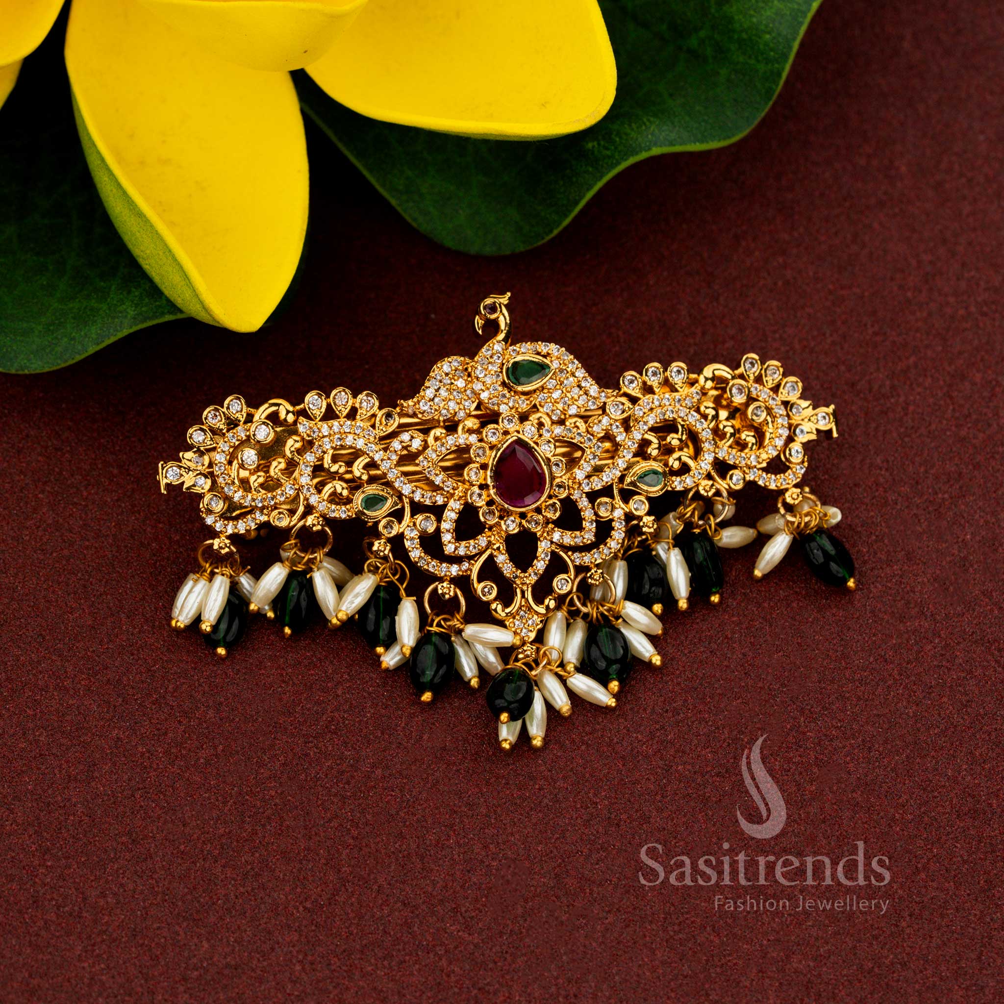 Exquisite Temple Matte Gold Plated Peacock Floral Hair Clip with Teardrop AD Stones and Rice Pearls - Image 6