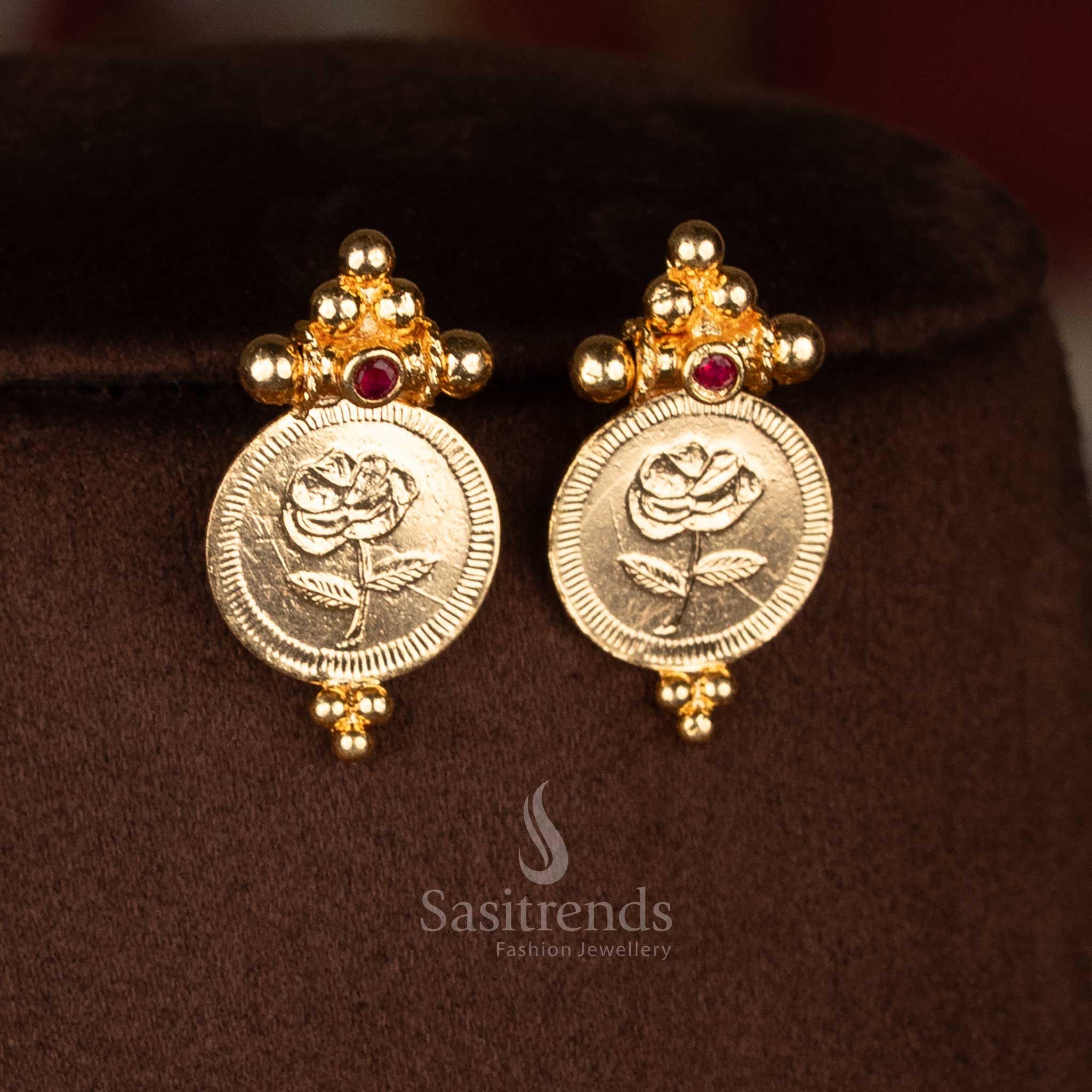 24K Micro Gold Plated Flower Coin Rose Motif AD Stone Necklace Jewellery set | Kerala Traditional Coin Design 1 Gram Jewellery - Image 4