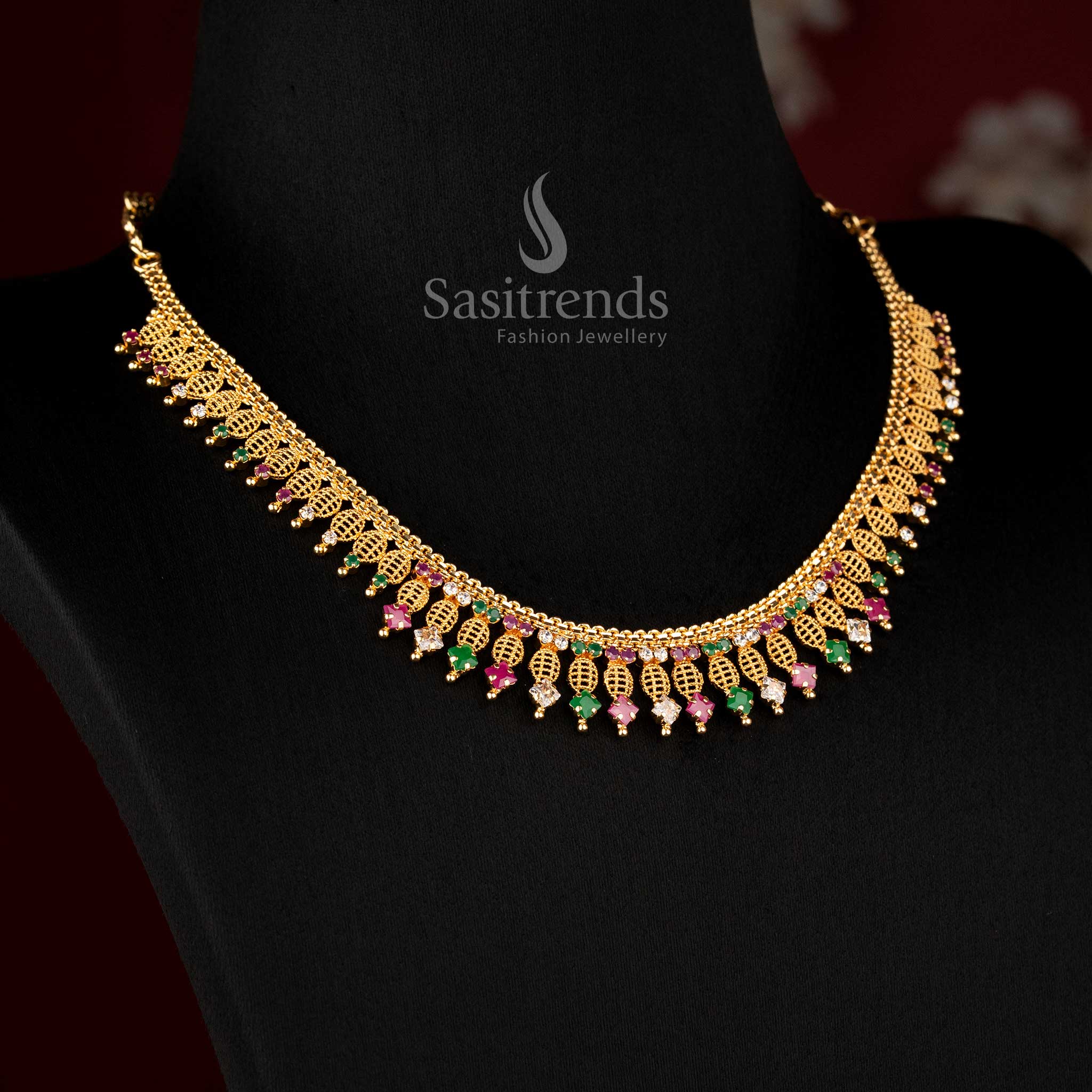 Micro Gold Plated Traditional Intricate Leaf Lattice Designer AD Stone Necklace with Rich Hanging Drop Pattern | 24K Gold Finish Grand Festive & Wedding Collection