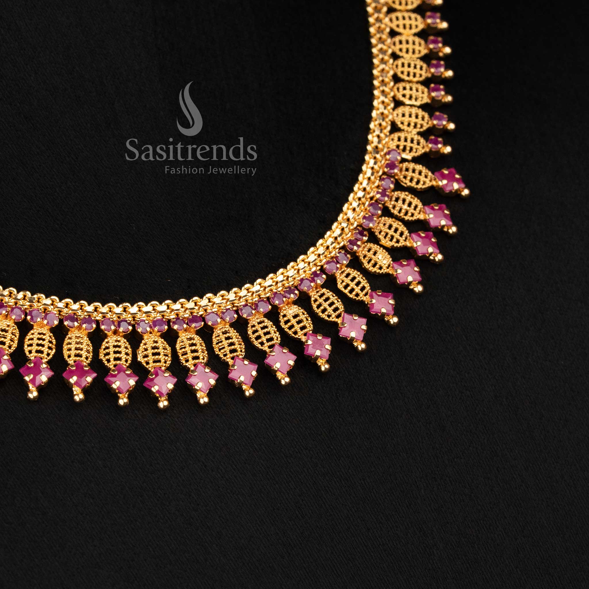 Micro Gold Plated Traditional Intricate Leaf Lattice Designer AD Stone Necklace with Rich Hanging Drop Pattern | 24K Gold Finish Grand Festive & Wedding Collection - Image 6