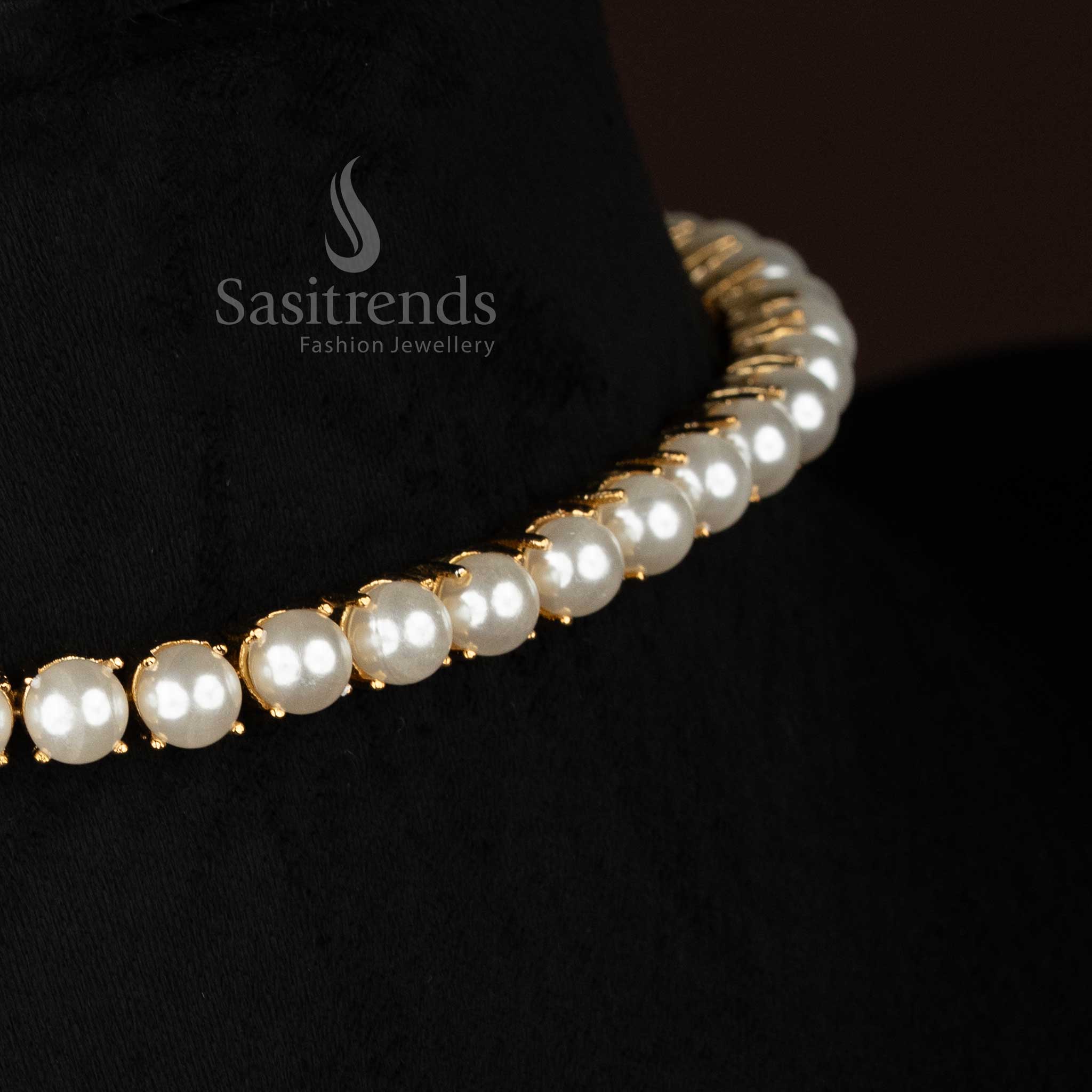 Stunning Real Gold Look Alike Micro Gold Plated Single Line Pearl Choker Necklace Jewellery Set For Special Occassions - Image 2