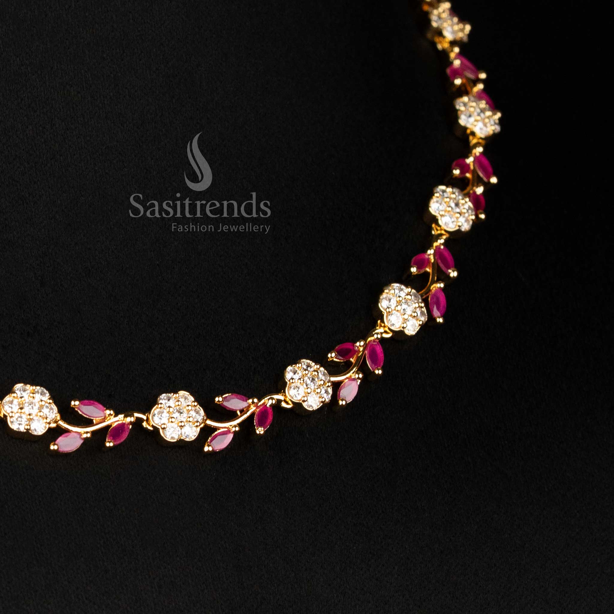 Elegant Floral Leaf American Diamond Micro Gold Plated Necklace Jewellery Set For Special Events - Sasitrends - Image 2