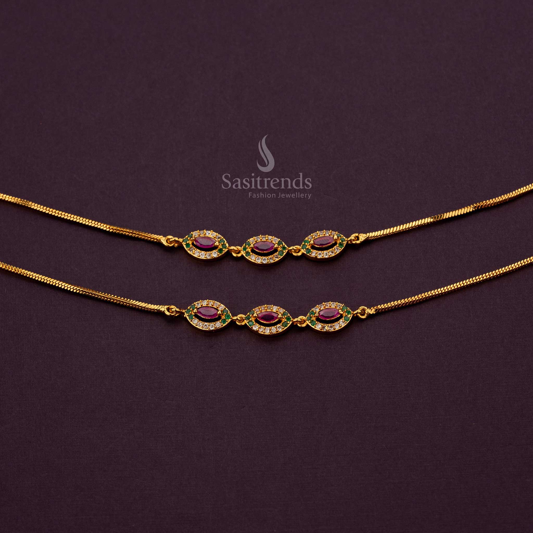 Trendy Oval Pattern AD Stone Studded One Gram Micro Gold Plated Anklets - Sasitrends