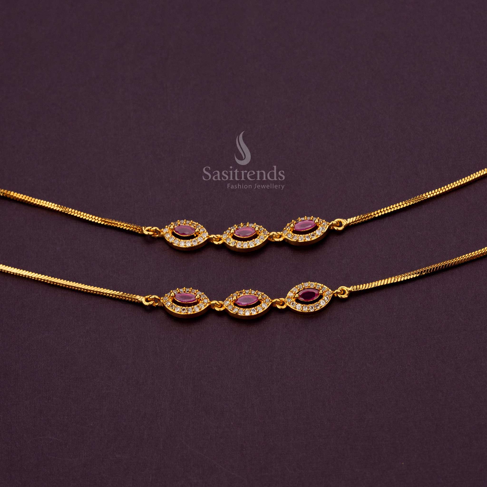 Trendy Oval Pattern AD Stone Studded One Gram Micro Gold Plated Anklets - Sasitrends - Image 4