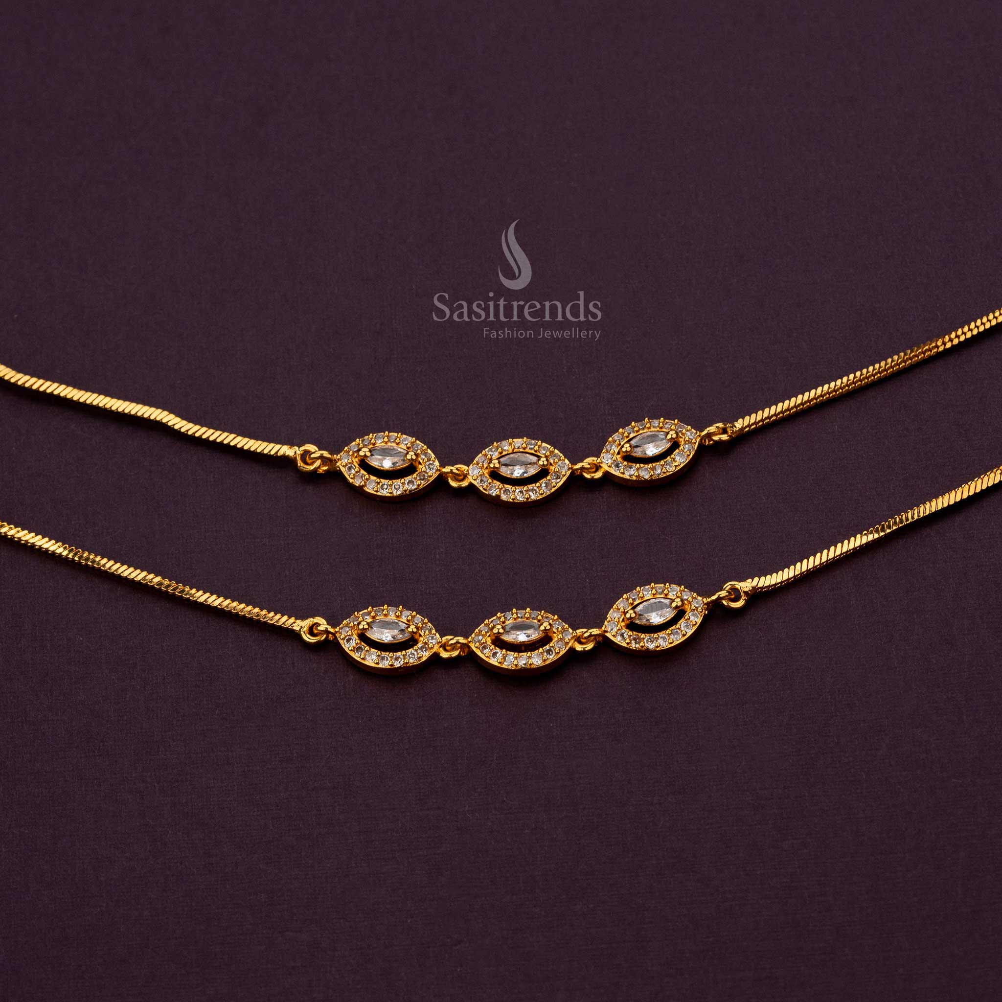Trendy Oval Pattern AD Stone Studded One Gram Micro Gold Plated Anklets - Sasitrends - Image 5
