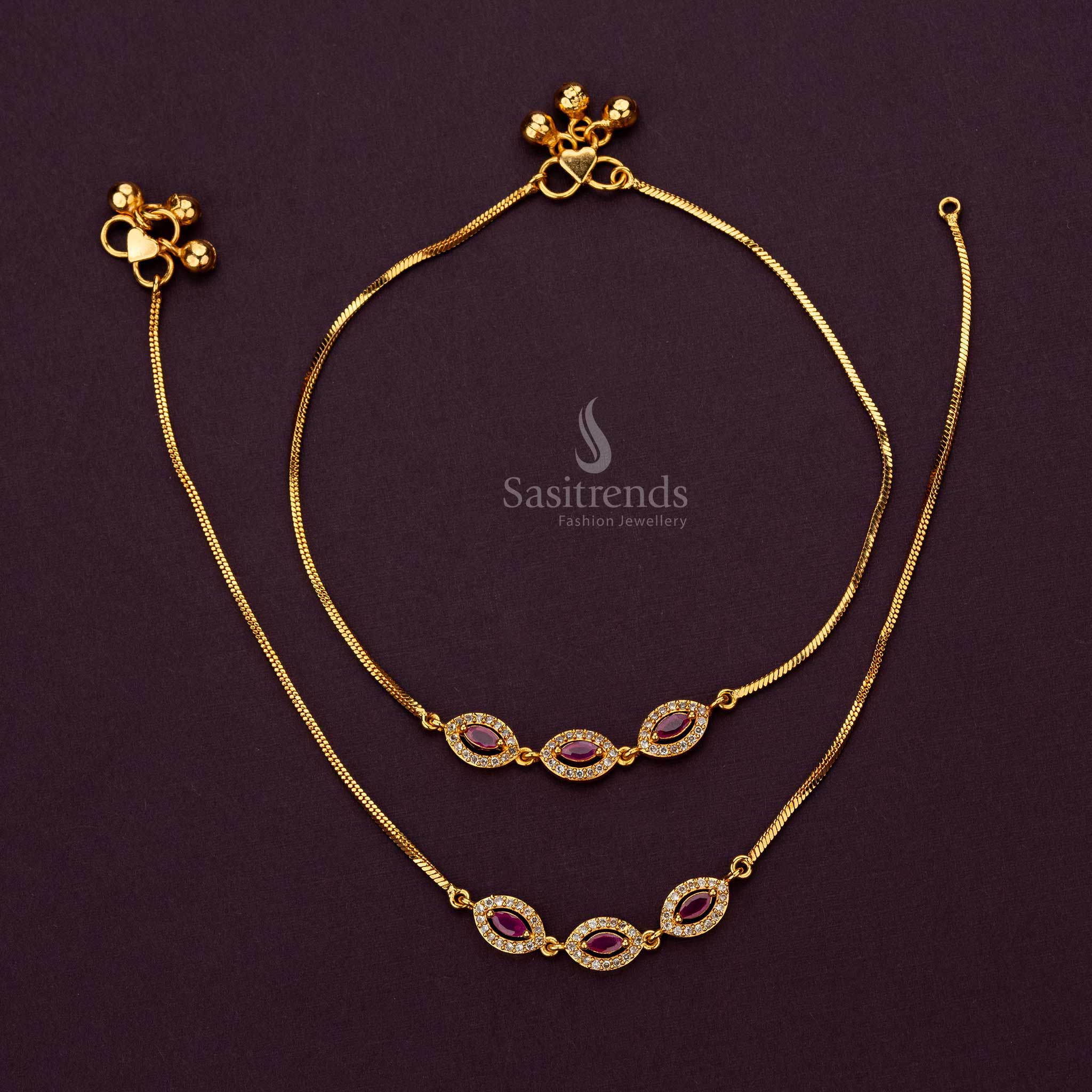 Trendy Oval Pattern AD Stone Studded One Gram Micro Gold Plated Anklets - Sasitrends - Image 6